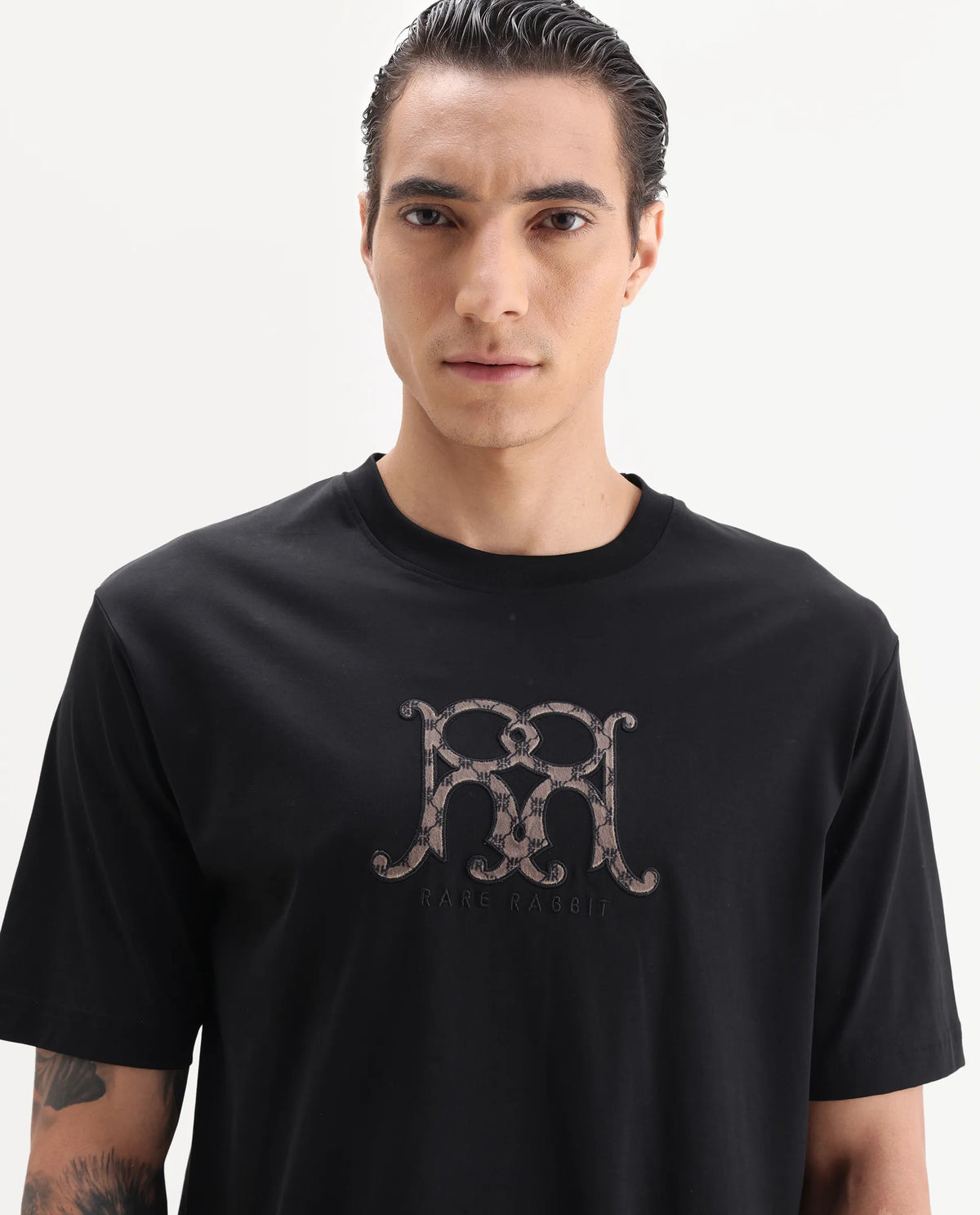 Rare Rabbit Men's Alec Black Cotton Fabric Short Sleeve Crew Neck Graphic Print T-Shirt