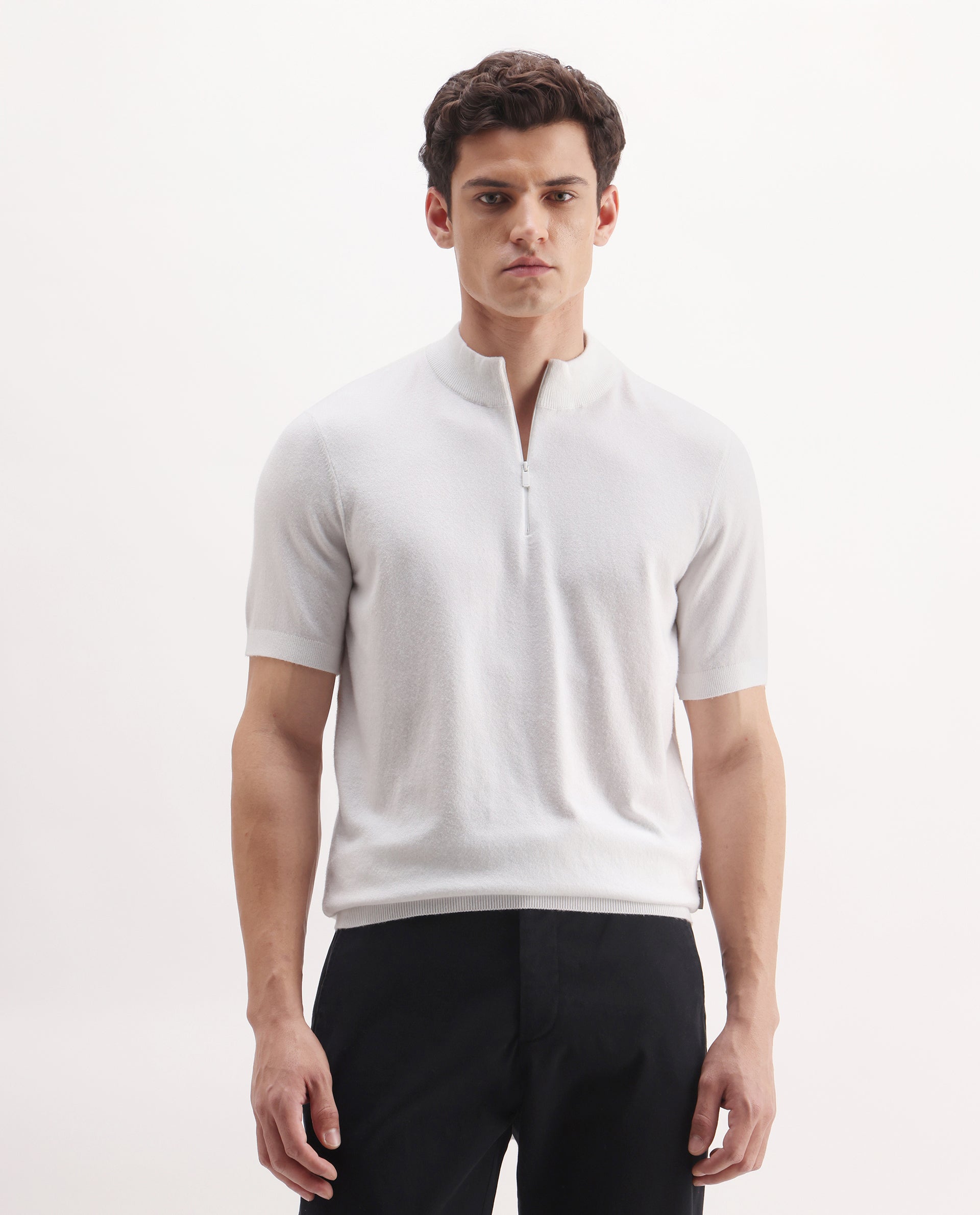 Rare Rabbit Men's Alfeto White Viscose Plain Regular Fit Half Sleeve Polo