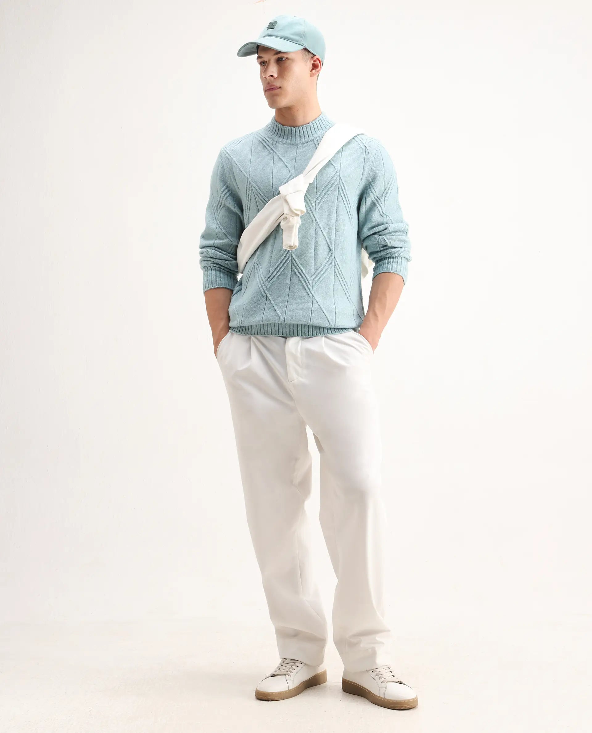 Rare Rabbit Men's Alli Pastel Blue Polyester Plain Regular Fit Full Sleeve High Neck Sweater