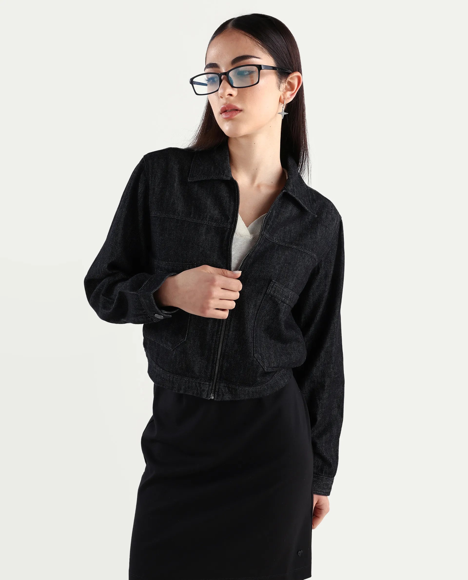 Rareism Women's Allin Black Cotton Drop Collar Plain Cuffed Sleeve Regular Fit Jacket