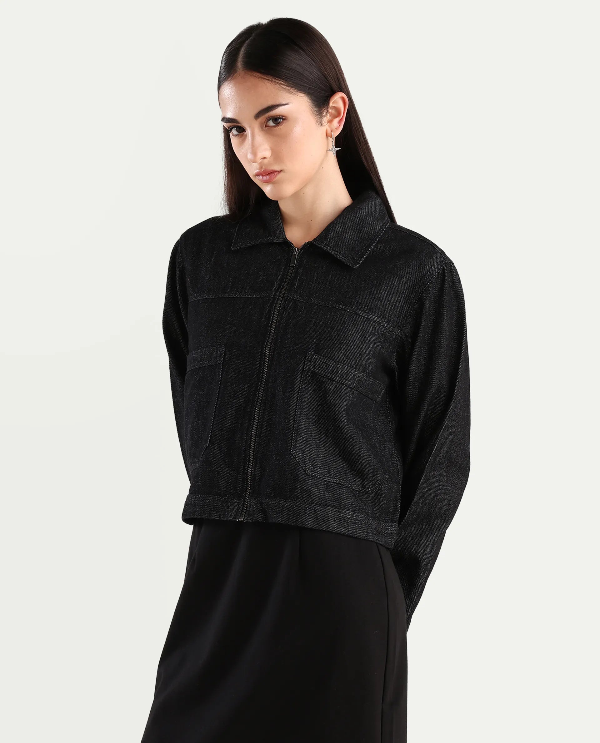 Rareism Women's Allin Black Cotton Drop Collar Plain Cuffed Sleeve Regular Fit Jacket