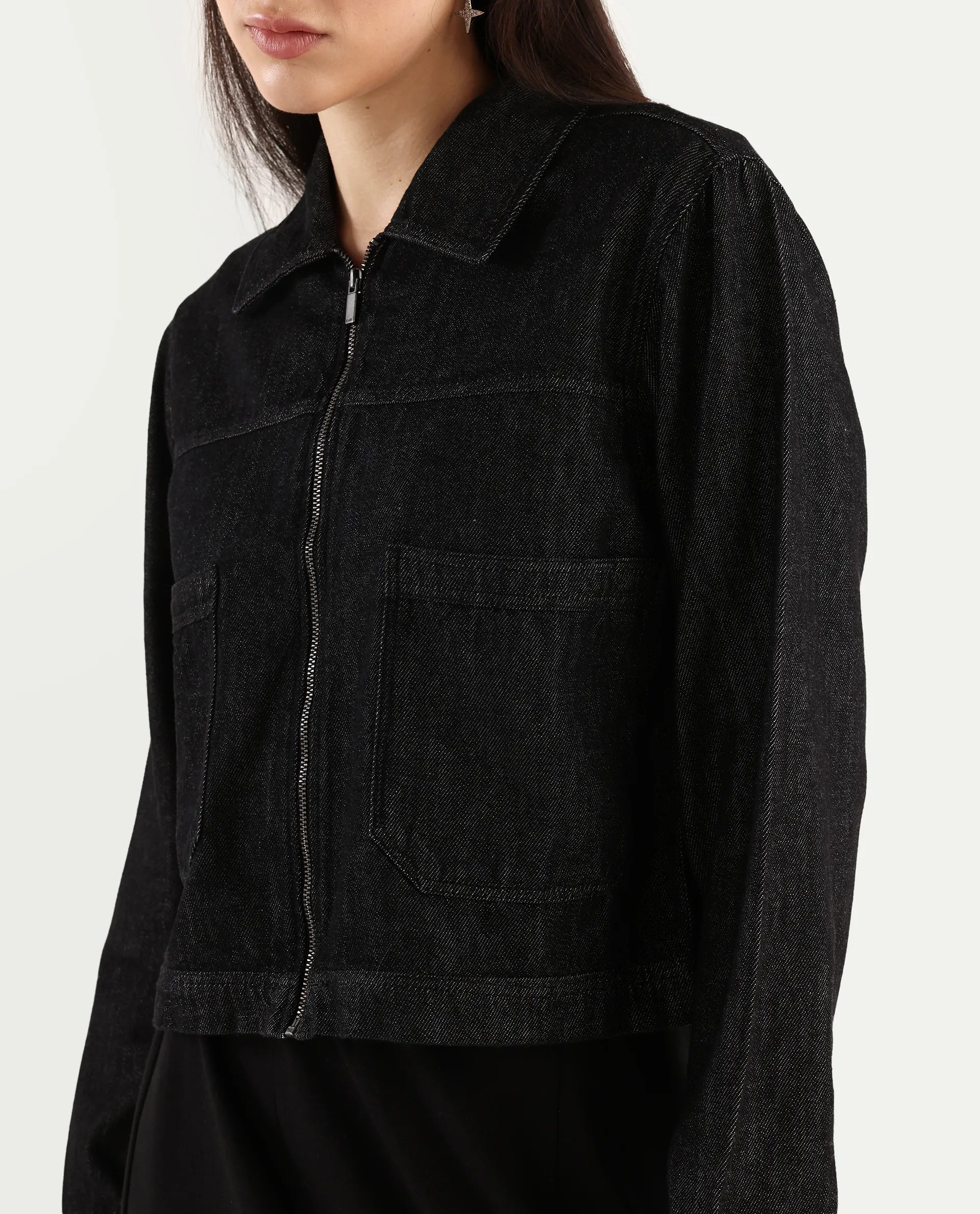 Rareism Women's Allin Black Cotton Drop Collar Plain Cuffed Sleeve Regular Fit Jacket