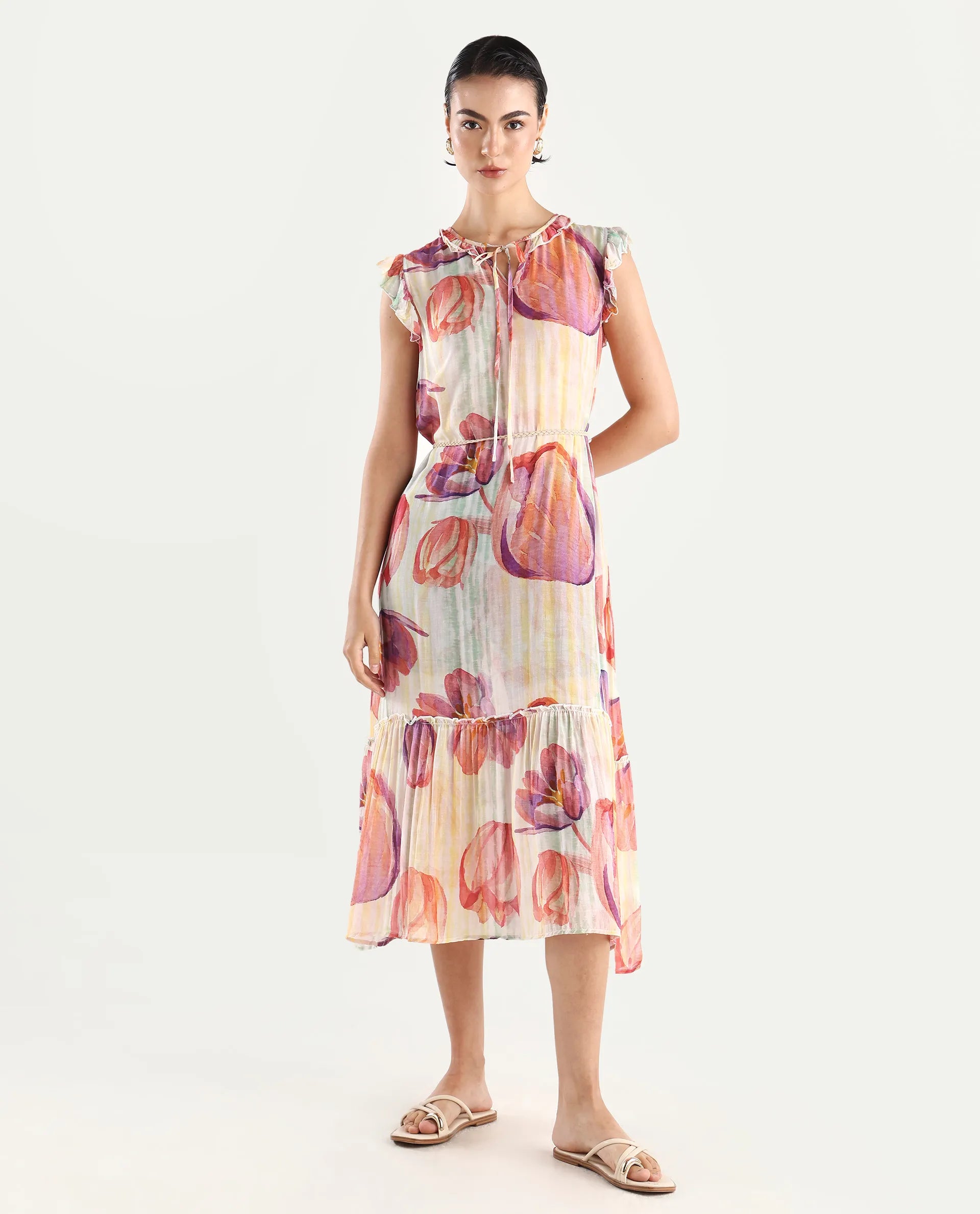 Rareism Women's Almora Light Multi Polyester Drop Collar Floral Print Ruffled Sleeve Midi A-Line Dress