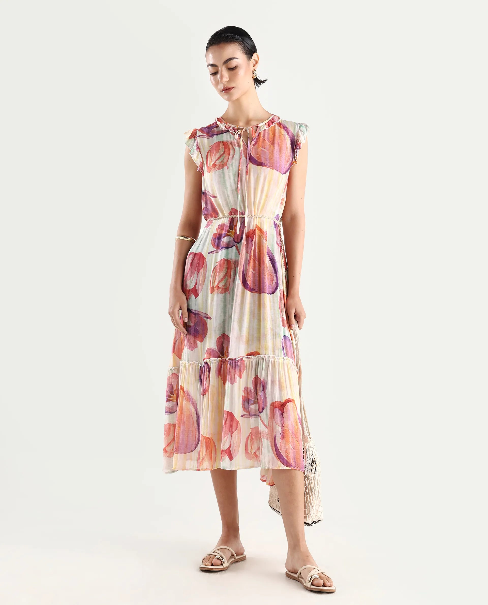 Rareism Women's Almora Light Multi Polyester Drop Collar Floral Print Ruffled Sleeve Midi A-Line Dress