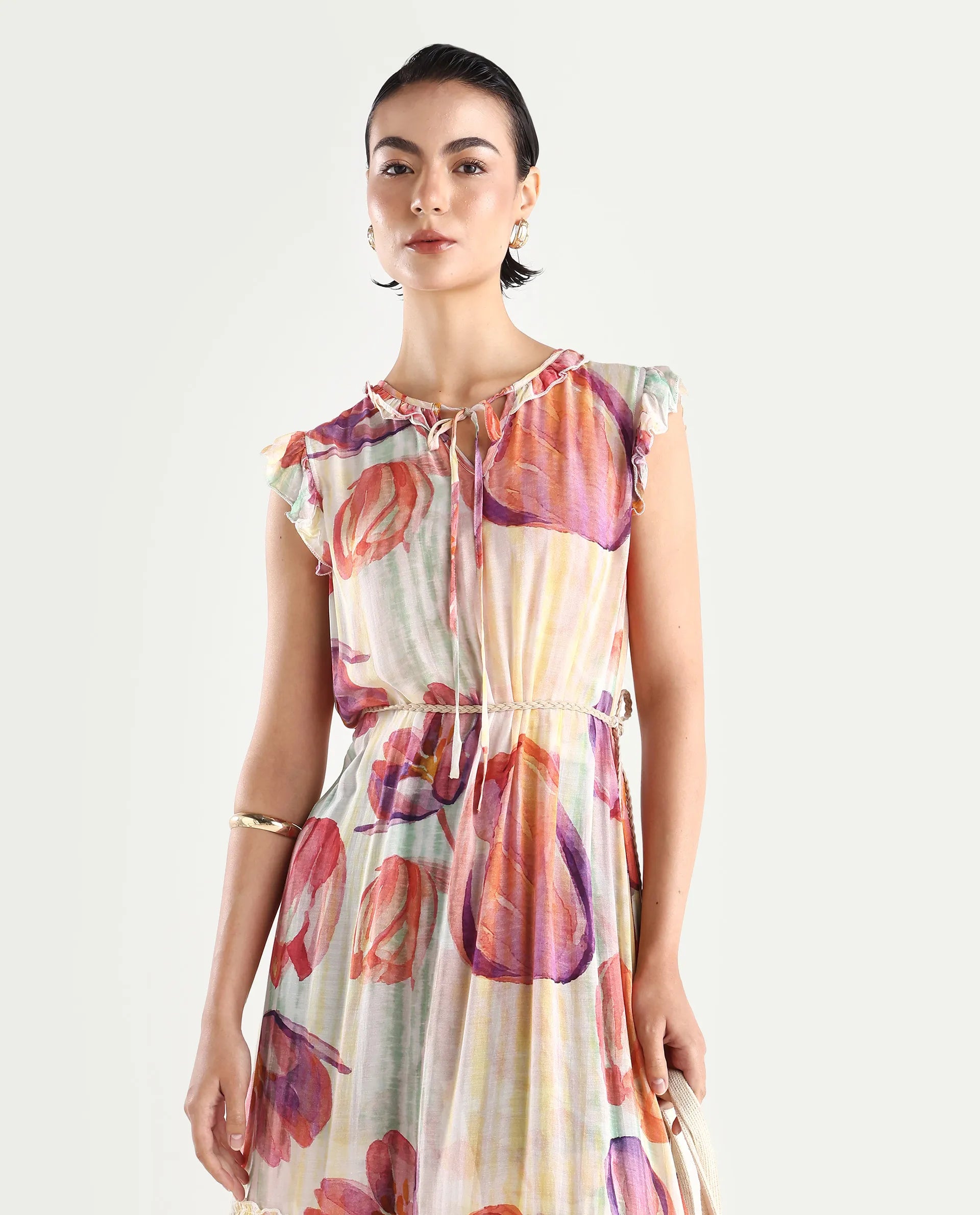 Rareism Women's Almora Light Multi Polyester Drop Collar Floral Print Ruffled Sleeve Midi A-Line Dress