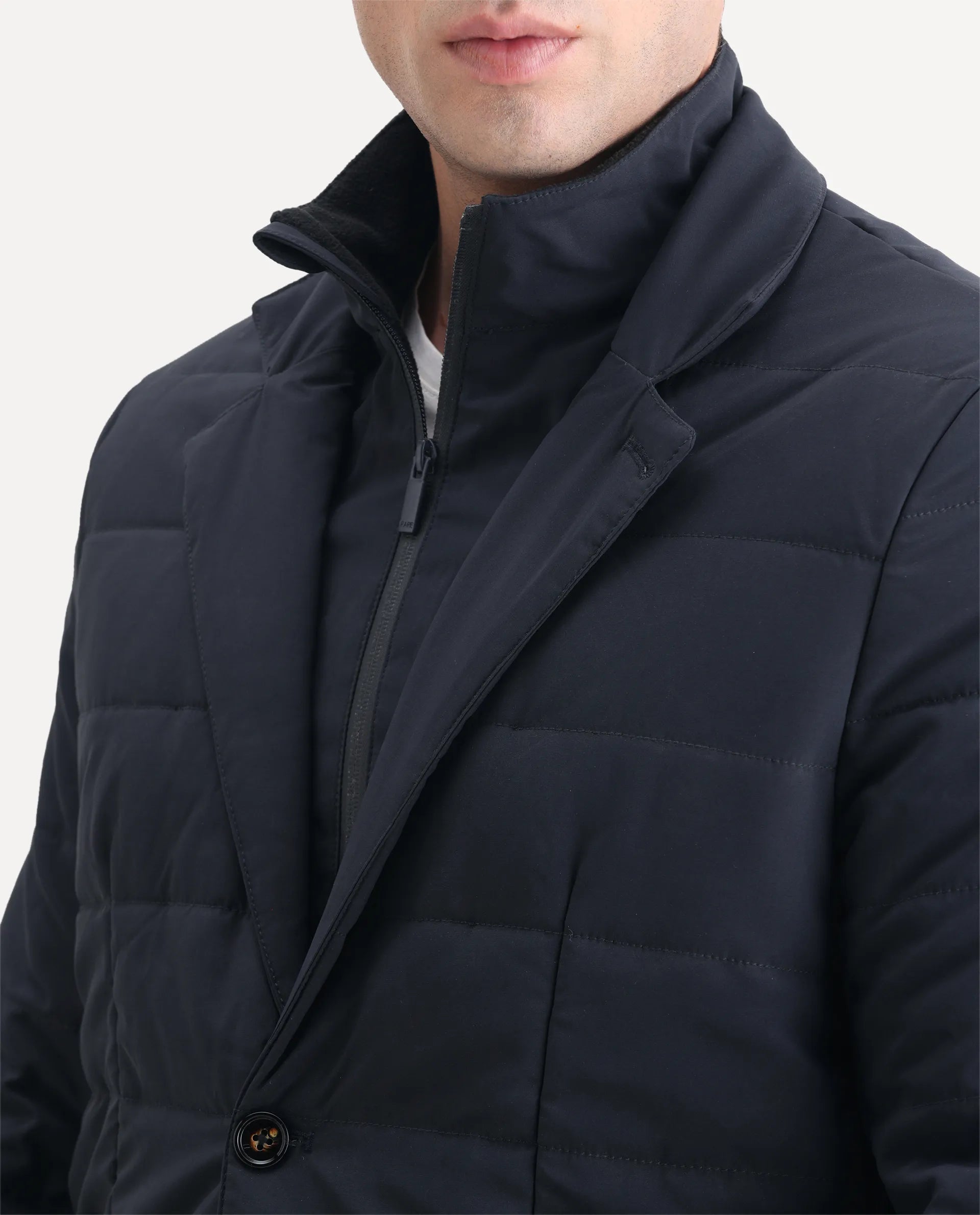 Rare Rabbit Men's Alter Navy Polyester Plain Regular Fit Full Sleeve Lapel Neck Jacket