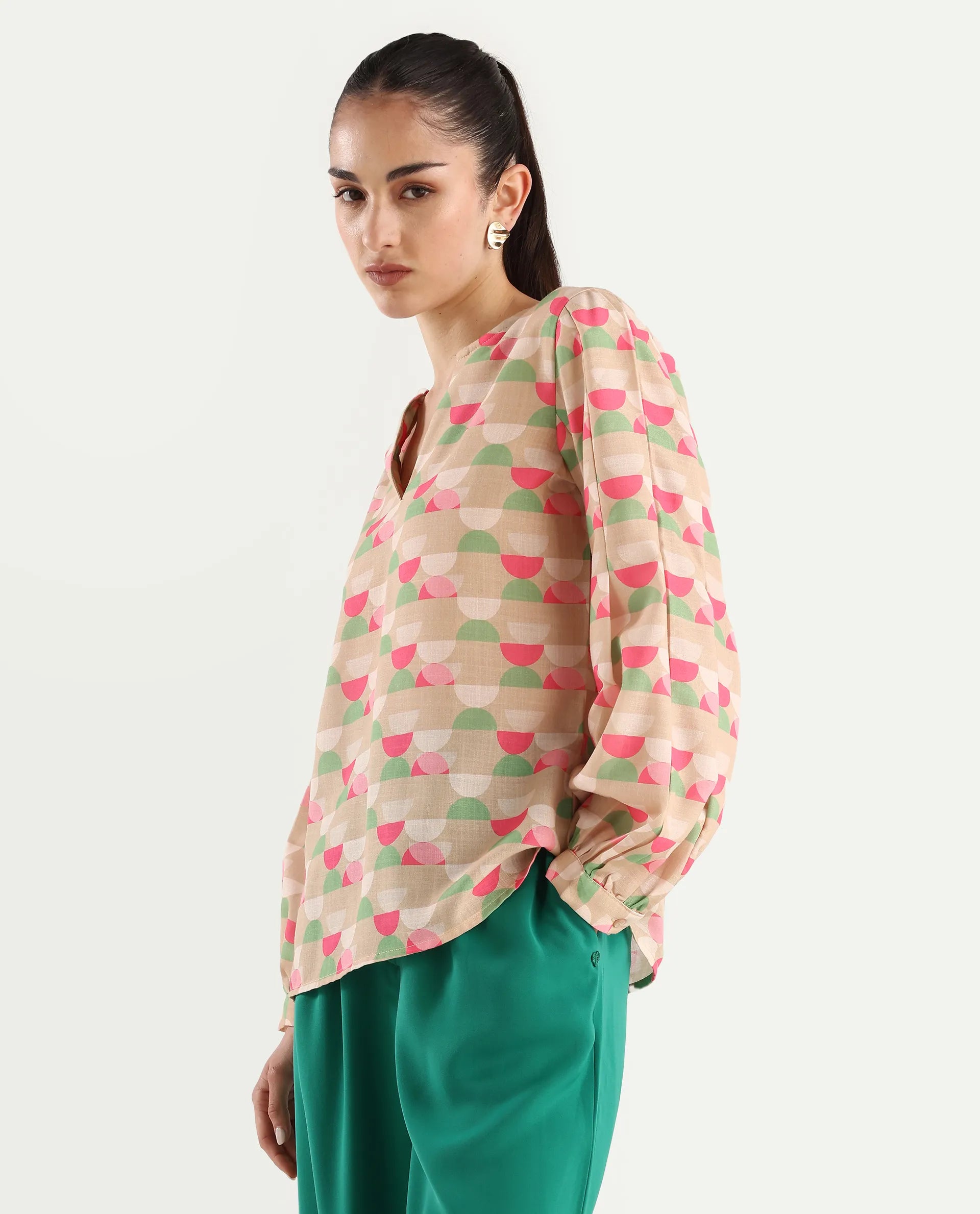 Rareism Women's Amaris Multi Linen V-Neck Geometric Print Bishop Sleeve Regular Fit Top