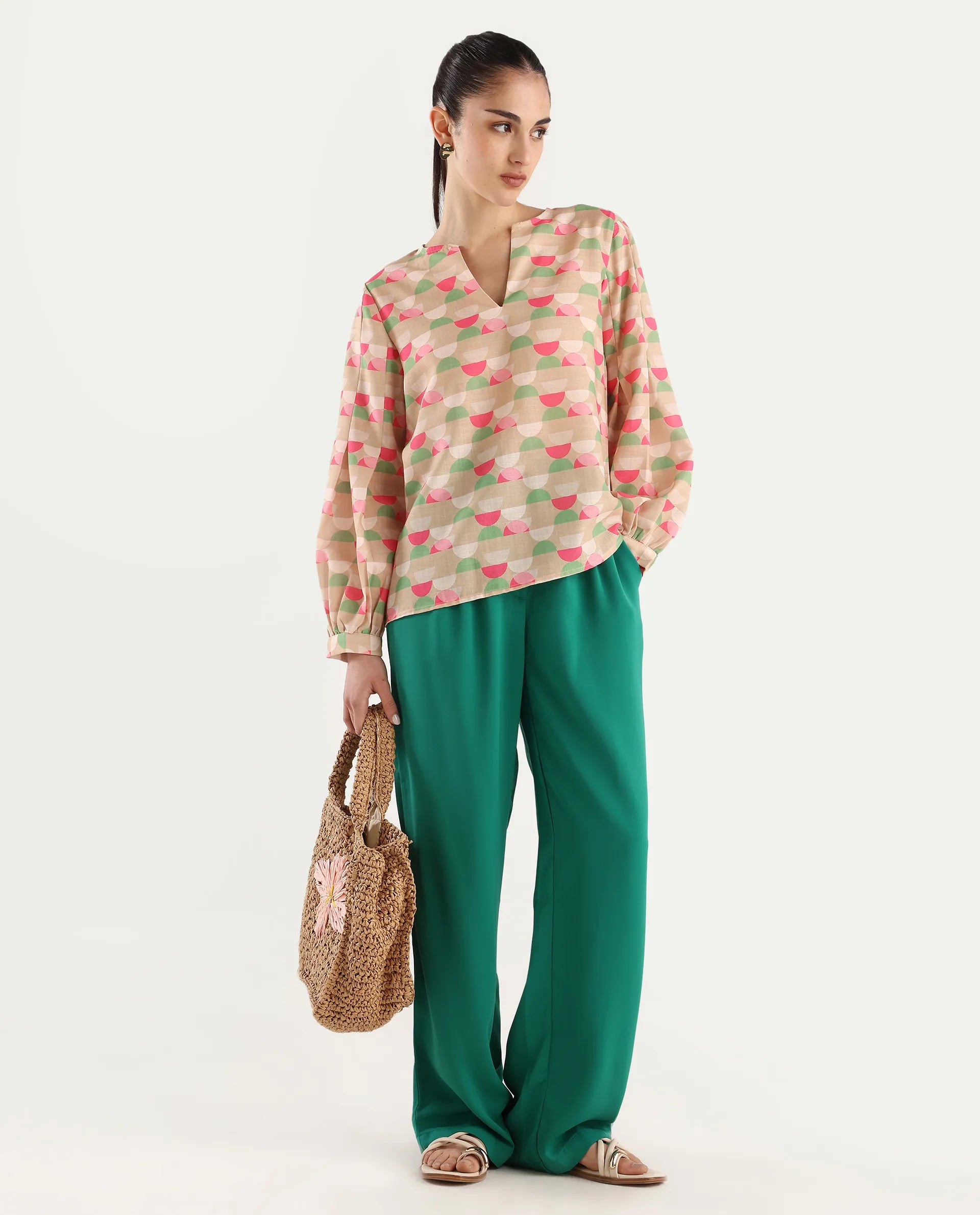 Rareism Women's Amaris Multi Linen V-Neck Geometric Print Bishop Sleeve Regular Fit Top