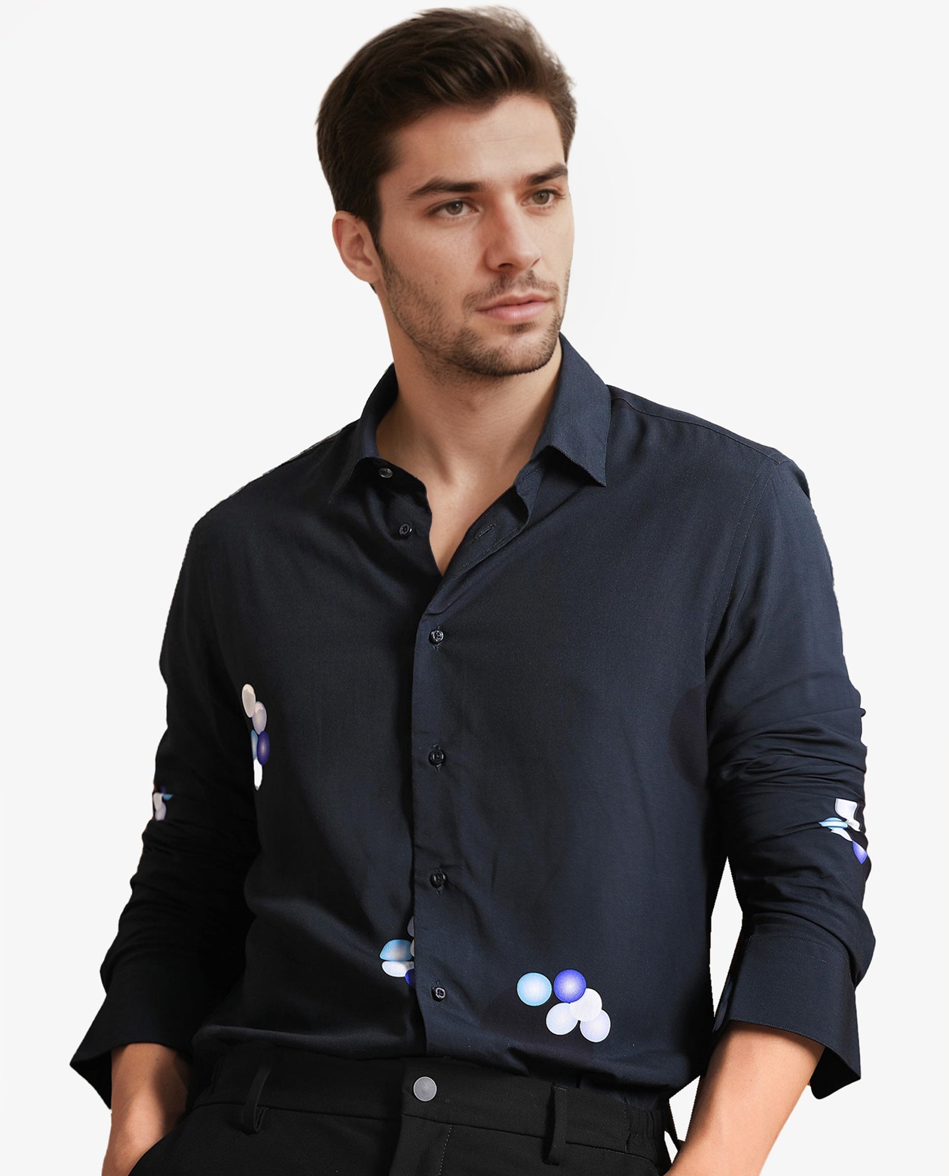 Rare Rabbit Men's Amber Dark Petrol Viscose Fabric Abstract Print Full Sleeves Shirt