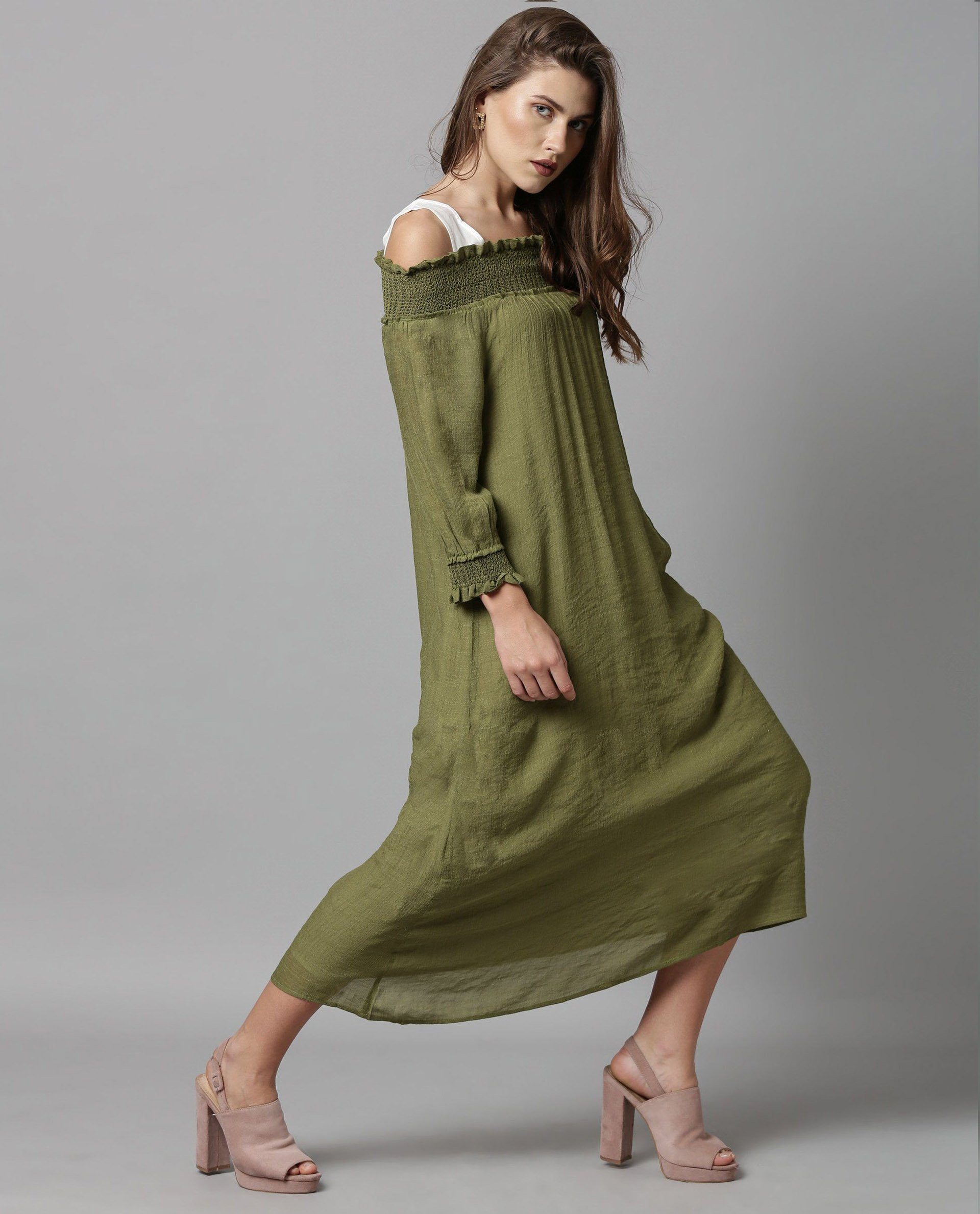 Rareism Women Amber Green Dress Short Sleeves