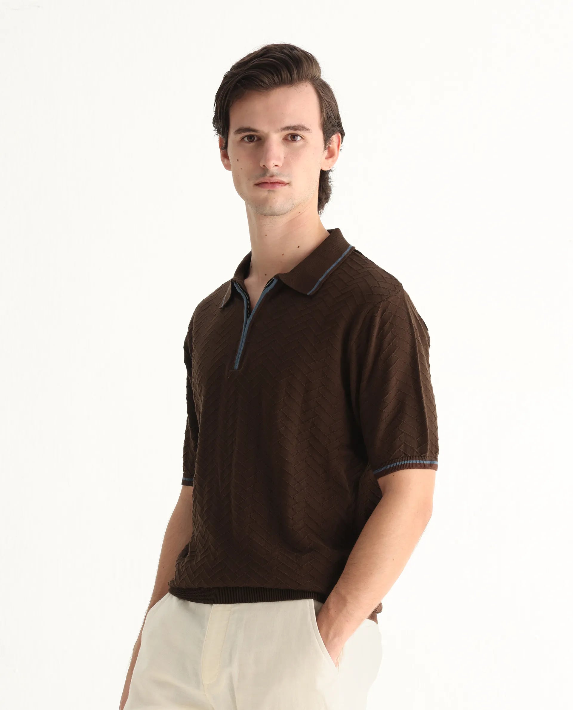 Rare Rabbit Men's Amet Dark Brown Cotton Textured Regular Fit Half Sleeve Polo