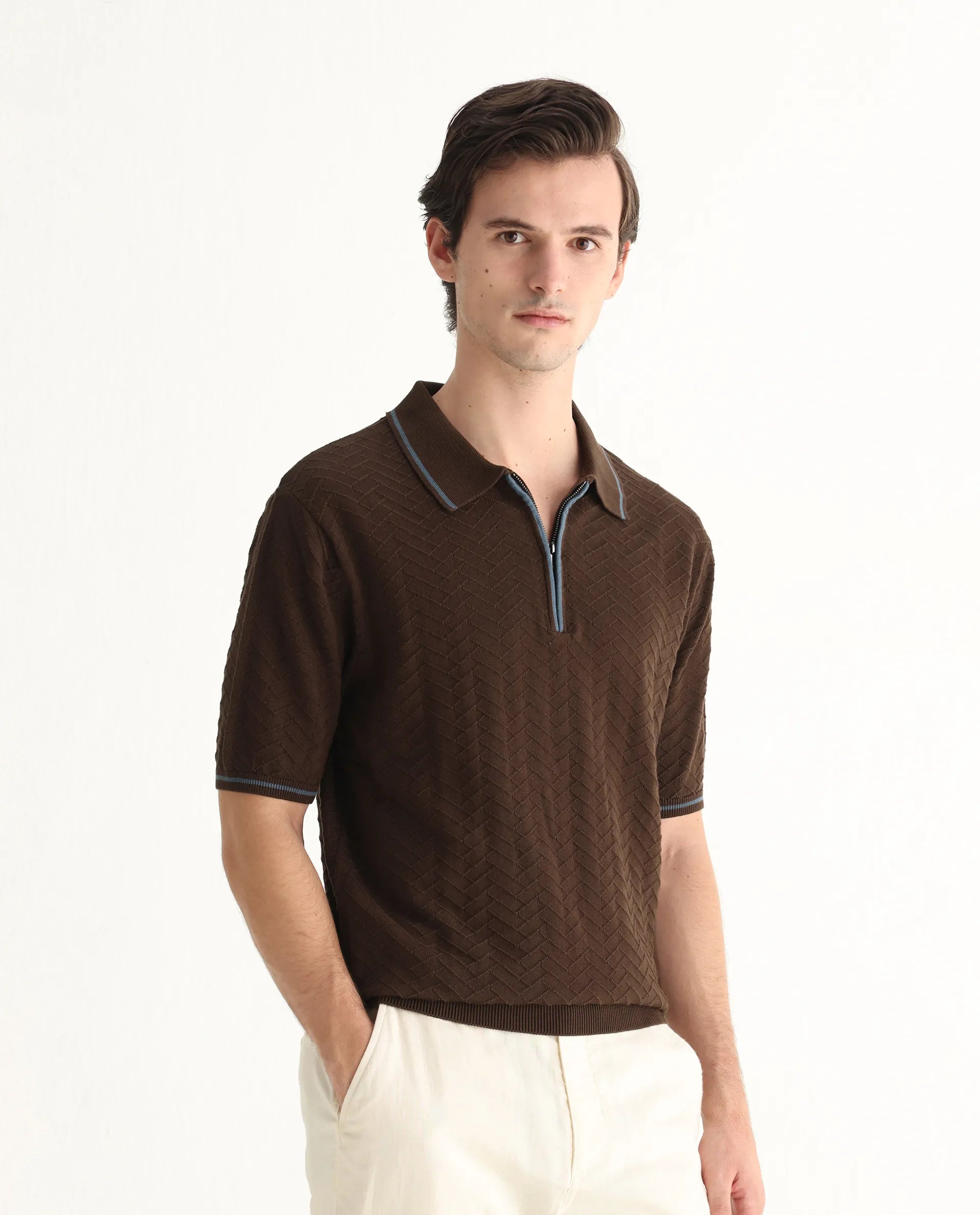 Rare Rabbit Men's Amet Dark Brown Cotton Textured Regular Fit Half Sleeve Polo