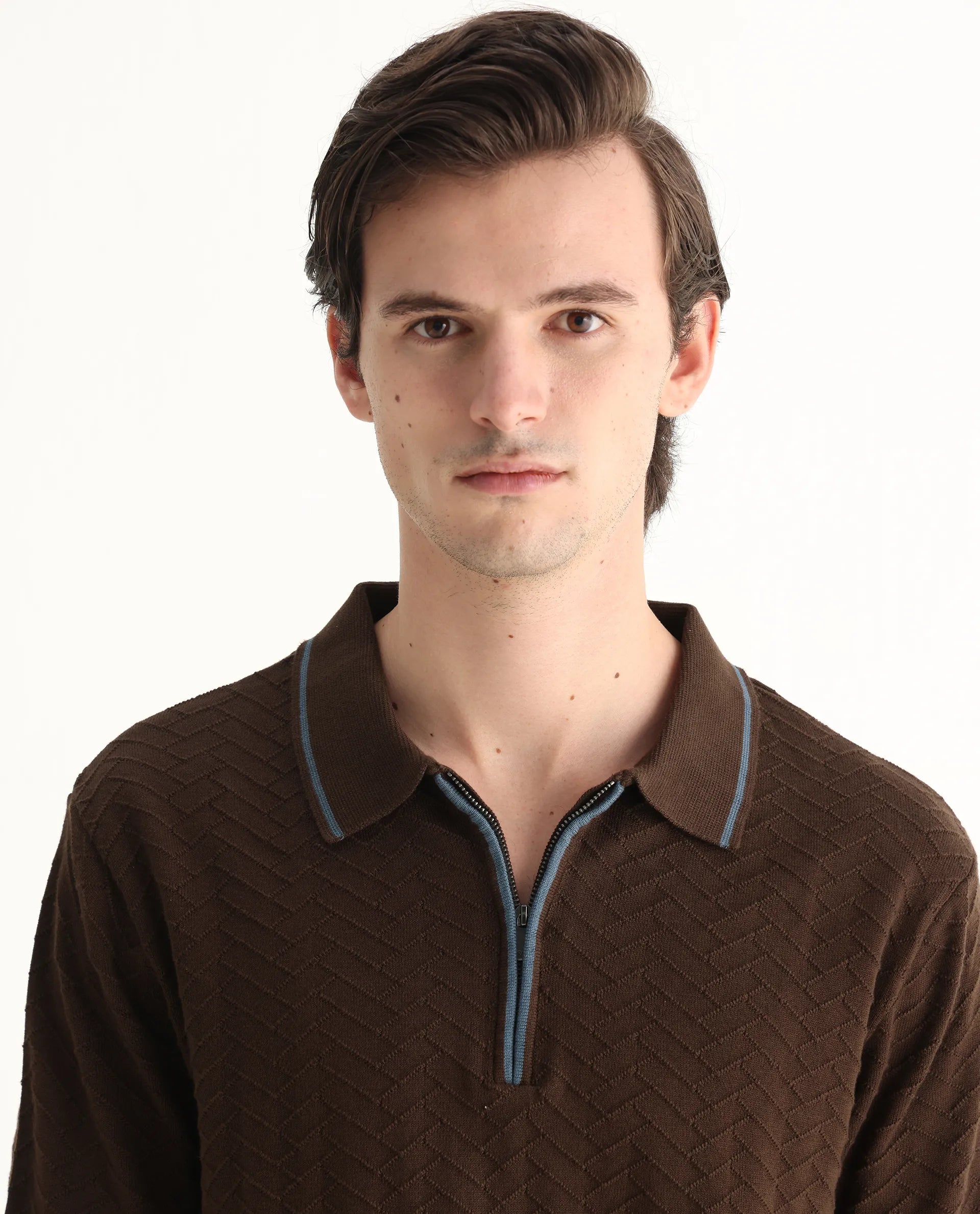 Rare Rabbit Men's Amet Dark Brown Cotton Textured Regular Fit Half Sleeve Polo