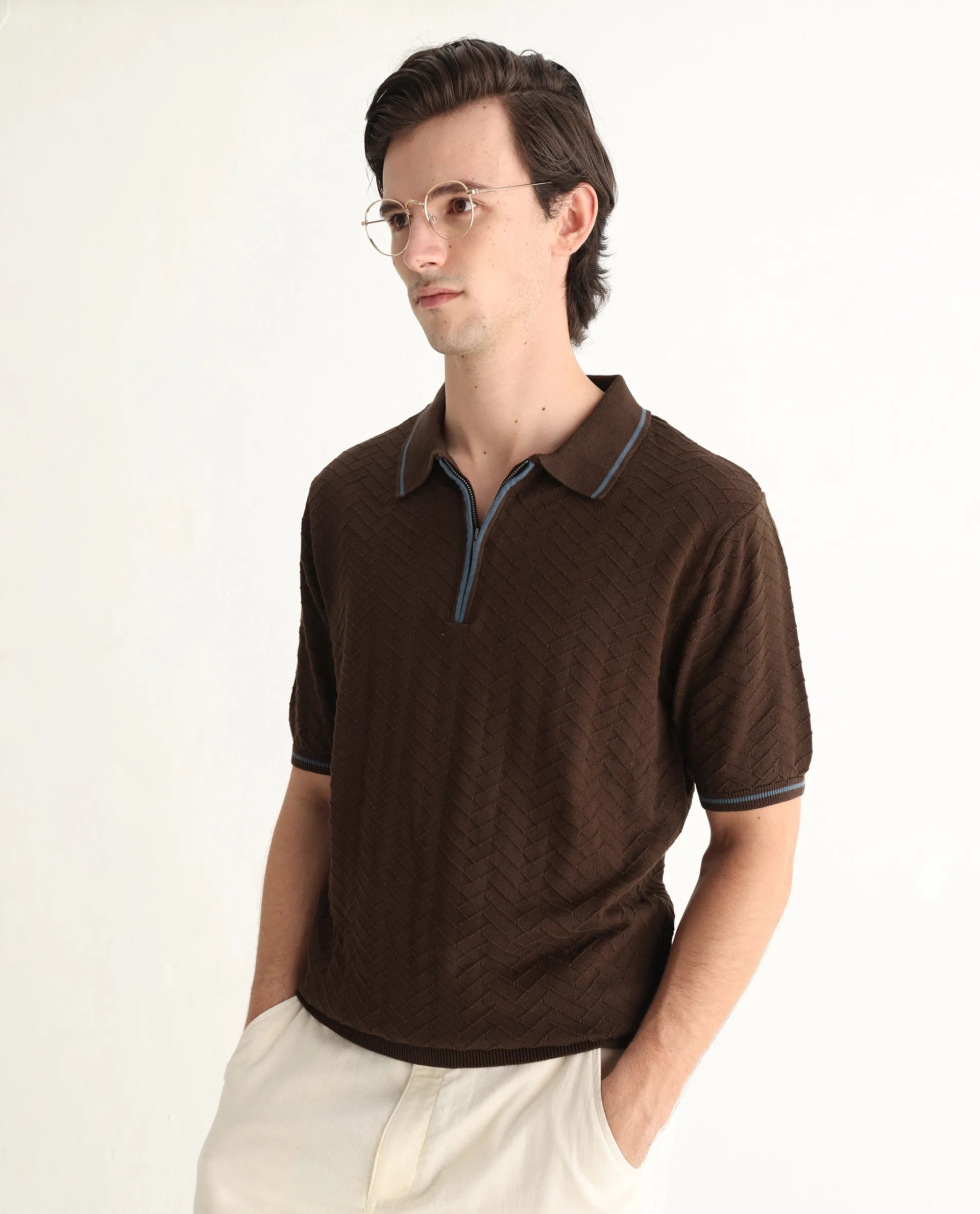 Rare Rabbit Men's Amet Dark Brown Cotton Textured Regular Fit Half Sleeve Polo