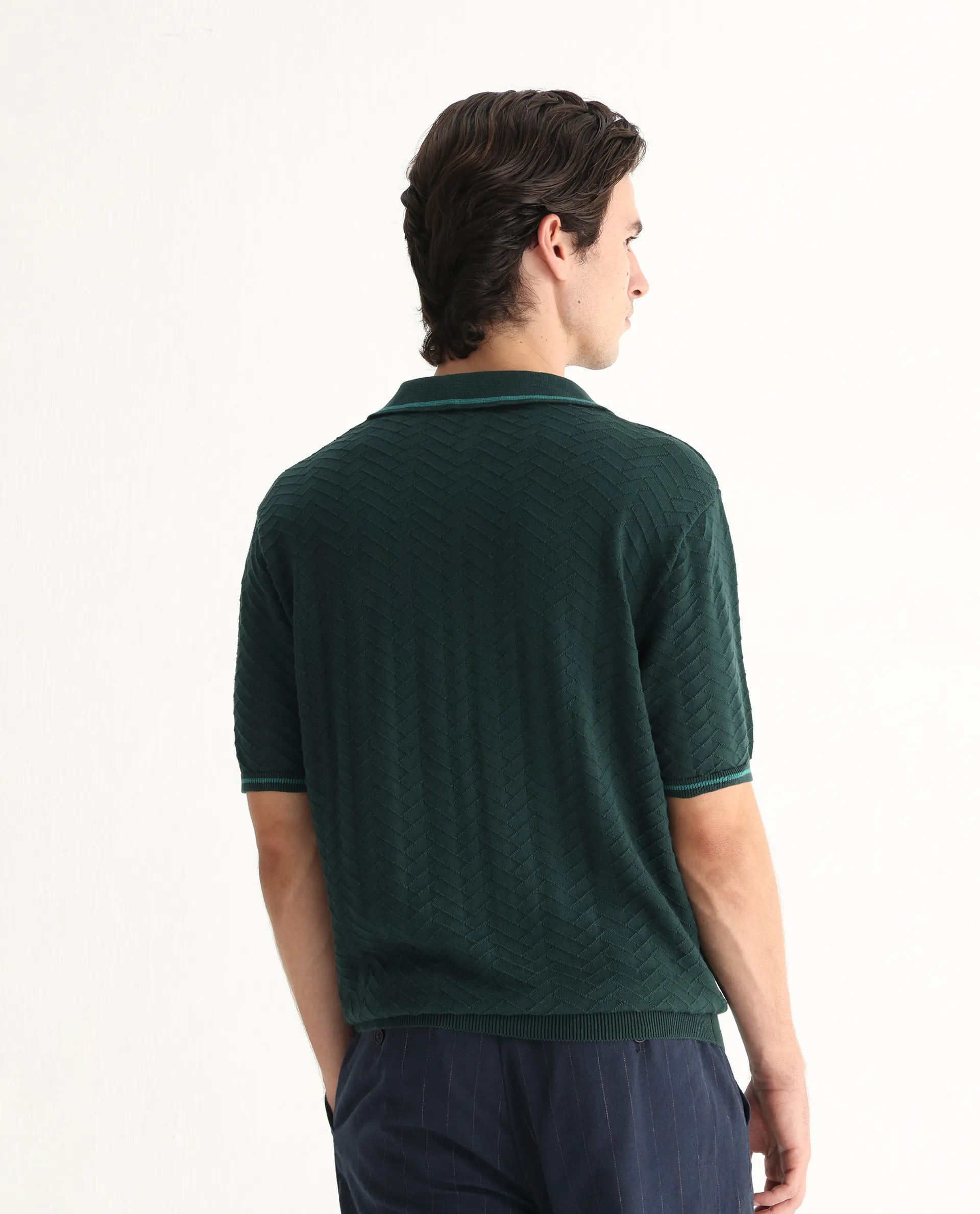 Rare Rabbit Men's Amet Dark Green Cotton Textured Regular Fit Half Sleeve Polo