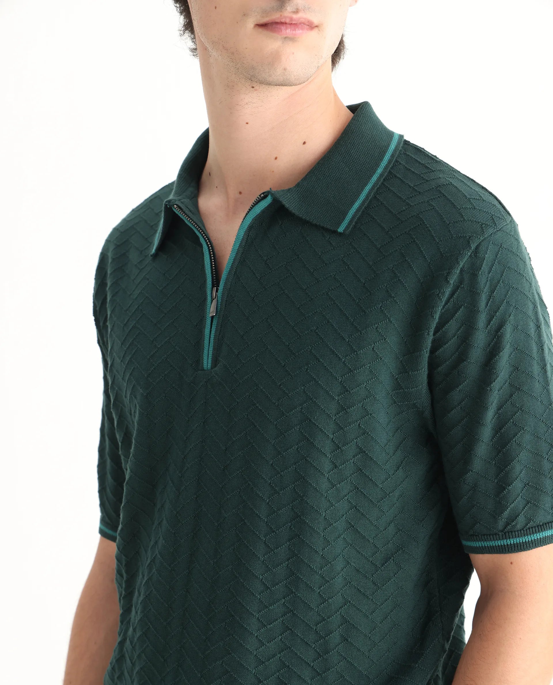 Rare Rabbit Men's Amet Dark Green Cotton Textured Regular Fit Half Sleeve Polo