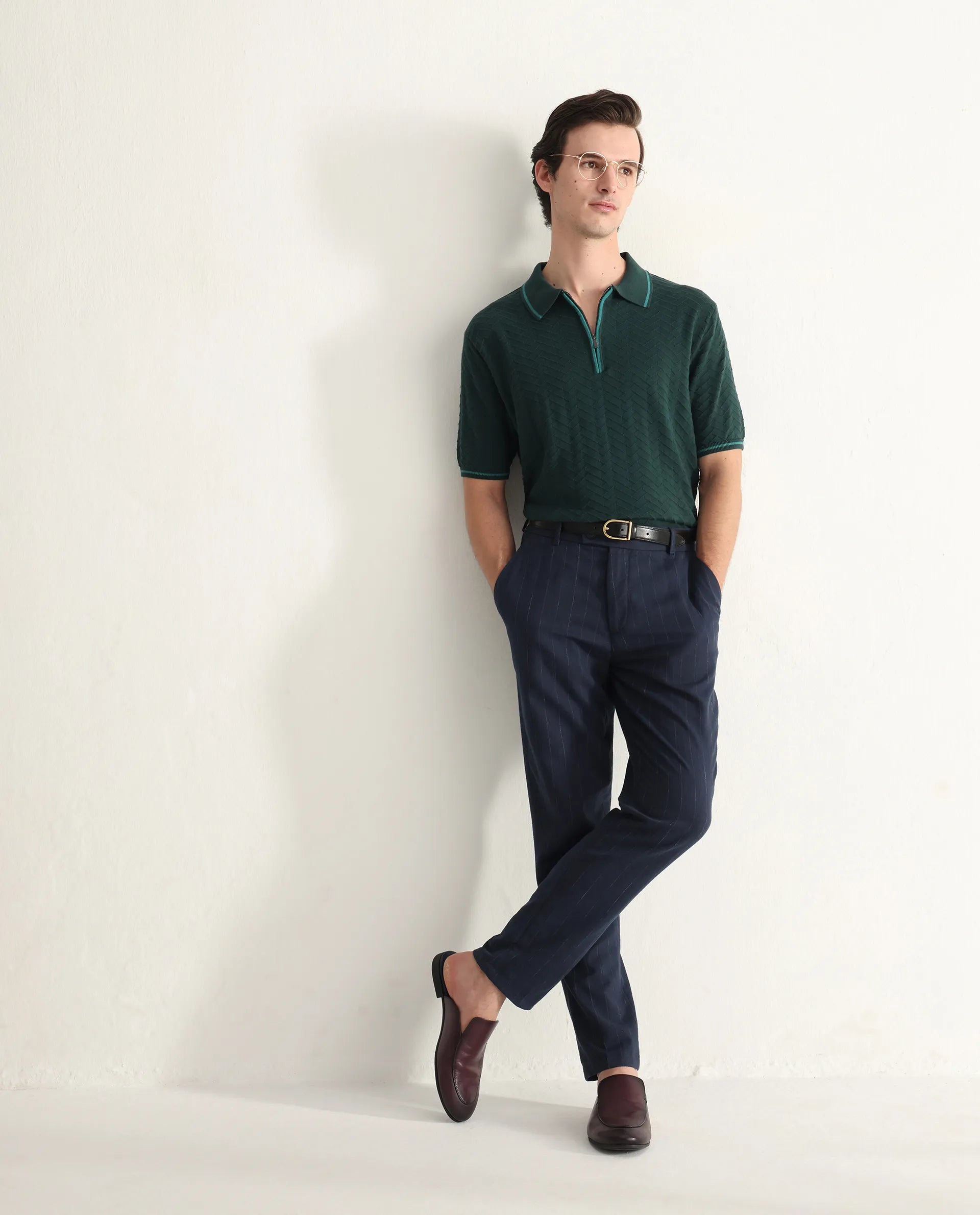 Rare Rabbit Men's Amet Dark Green Cotton Textured Regular Fit Half Sleeve Polo