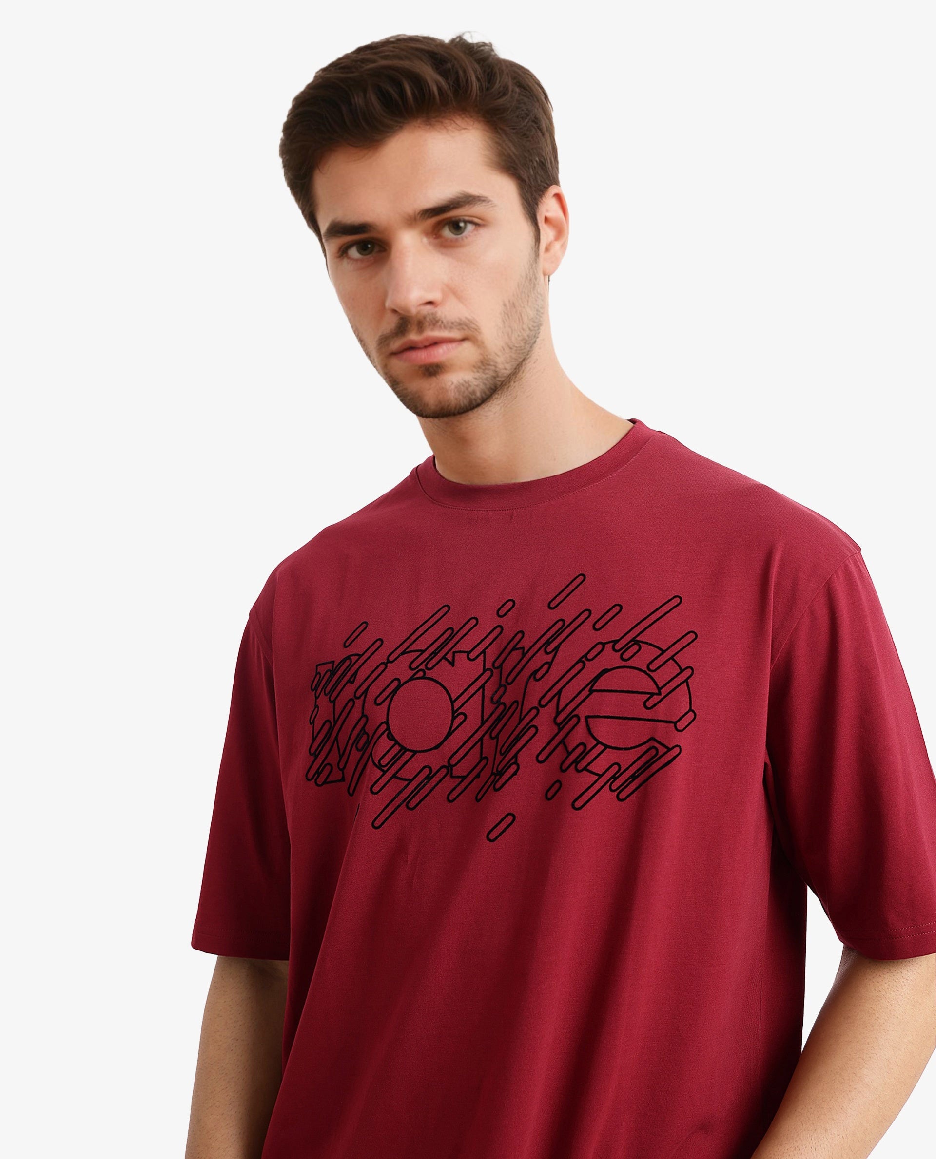 Rare Rabbit Men Ammon Red Cotton Lycra Fabric Short Sleeve Crew Neck Oversized Fit Graphic Print T-Shirt