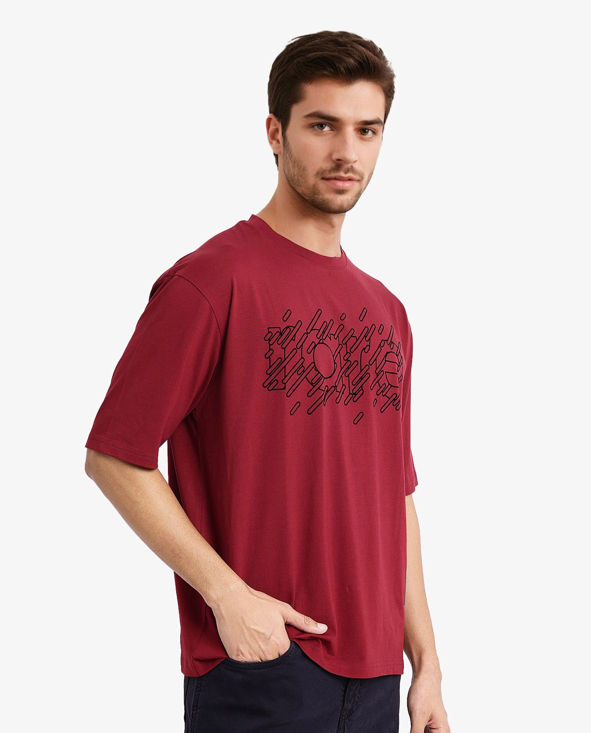 Rare Rabbit Men Ammon Red Cotton Lycra Fabric Short Sleeve Crew Neck Oversized Fit Graphic Print T-Shirt