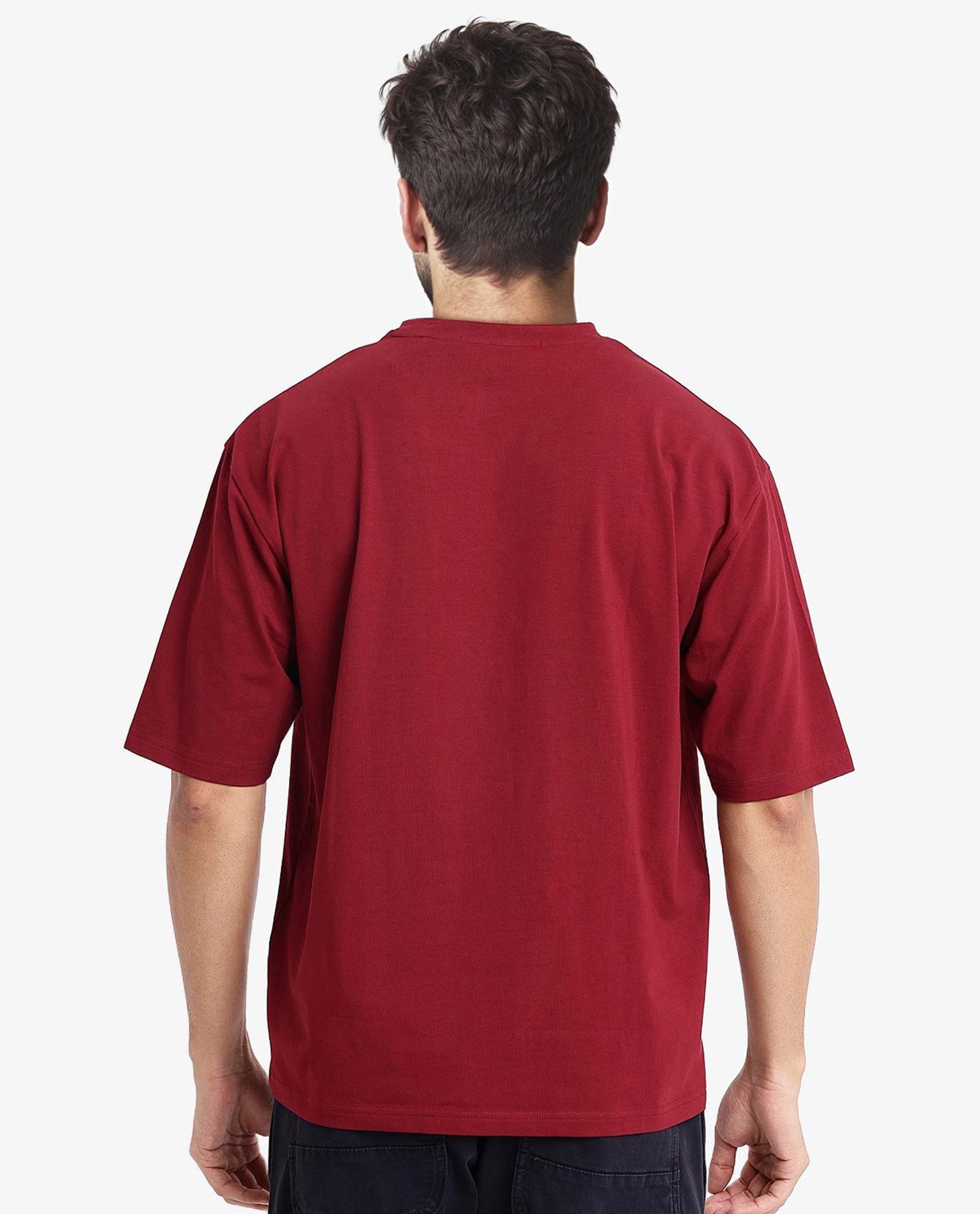 Rare Rabbit Men Ammon Red Cotton Lycra Fabric Short Sleeve Crew Neck Oversized Fit Graphic Print T-Shirt