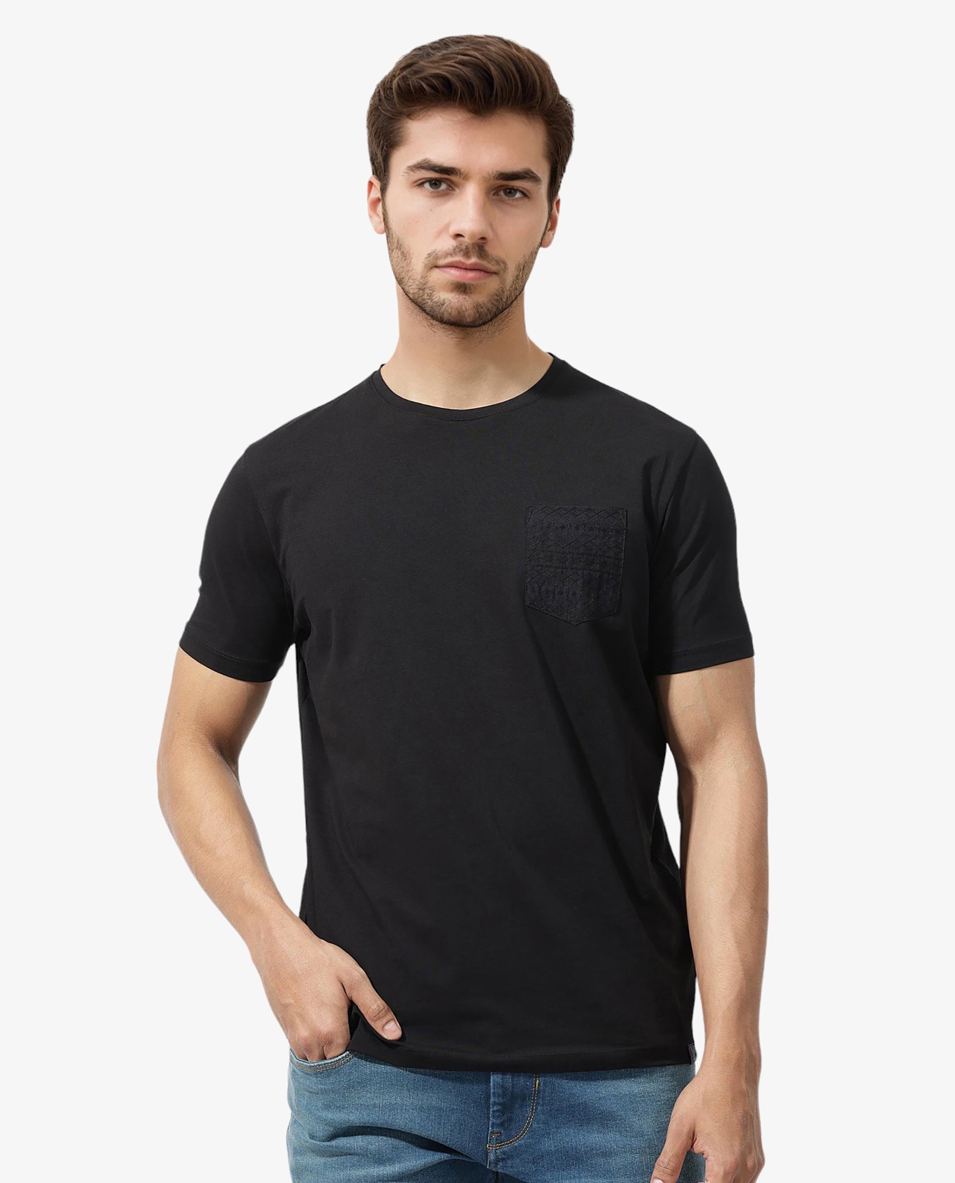 Rare Rabbit Men's Ammos Black Cotton Lycra Fabric Half Sleeves Embroidered Chest Pocket Solid T-Shirt
