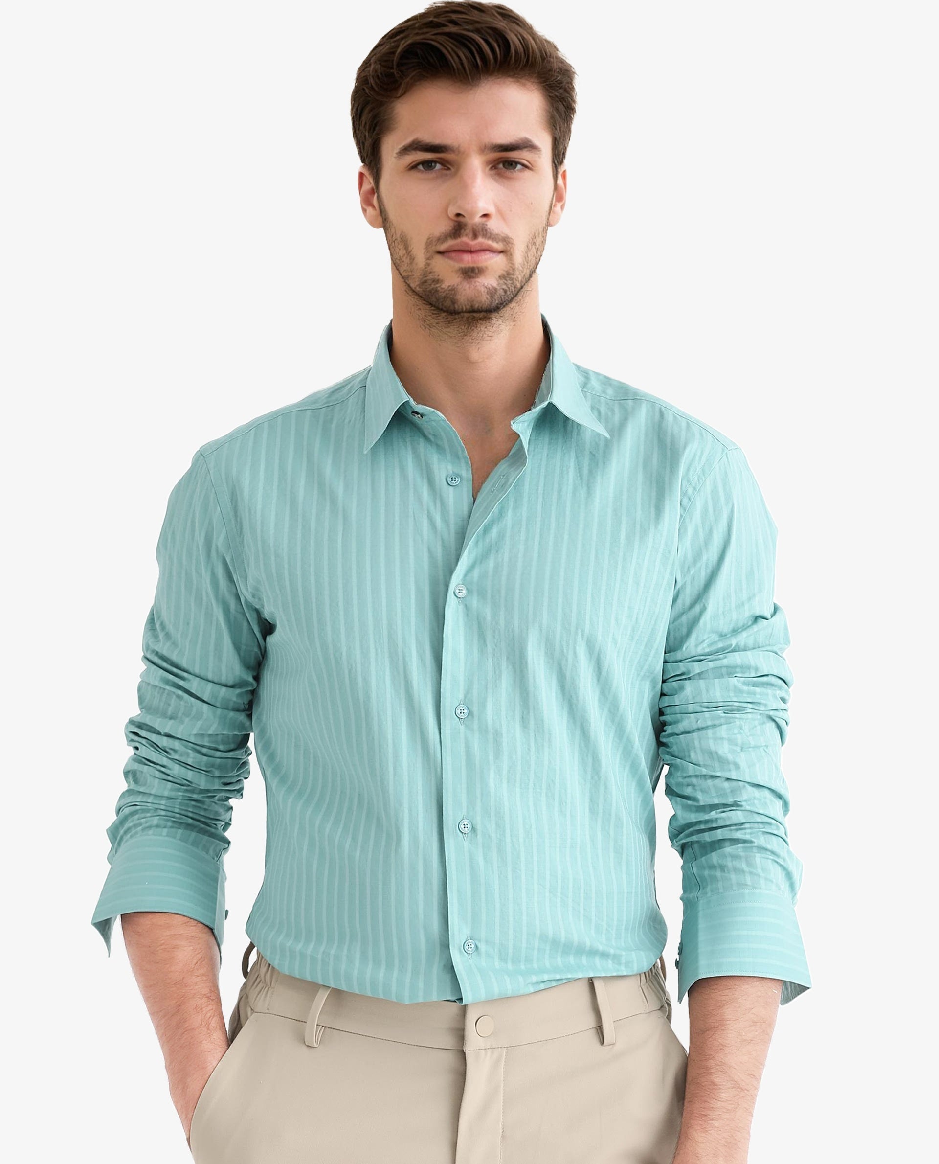 Rare Rabbit Men's Anemo Dusky Turq Cotton Fabric Full Sleeves Striped Shirt