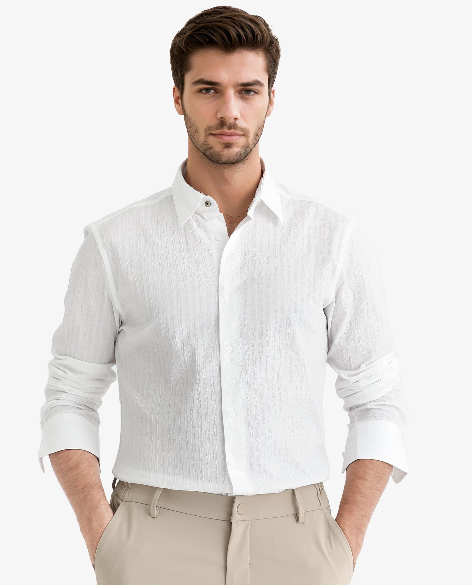 Rare Rabbit Men's Anemo White Cotton Fabric Full Sleeves Striped Shirt