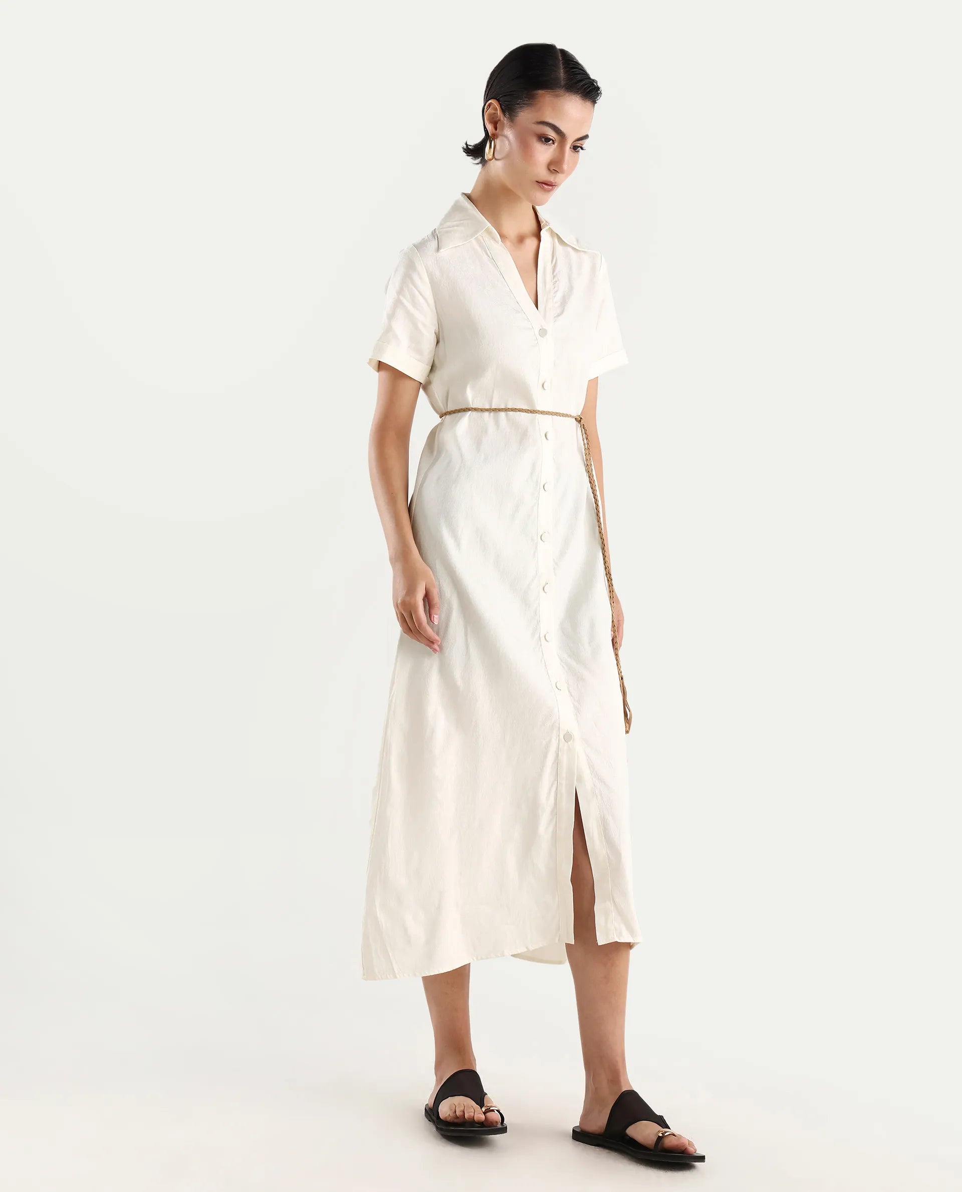 Rareism Women's Ania White Cotton Drop Collar Plain Maxi A-Line Dress