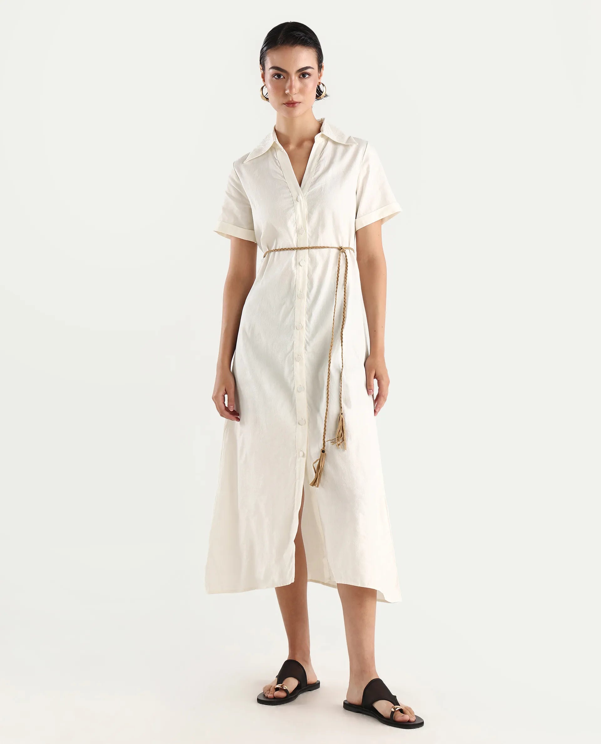 Rareism Women's Ania White Cotton Drop Collar Plain Maxi A-Line Dress