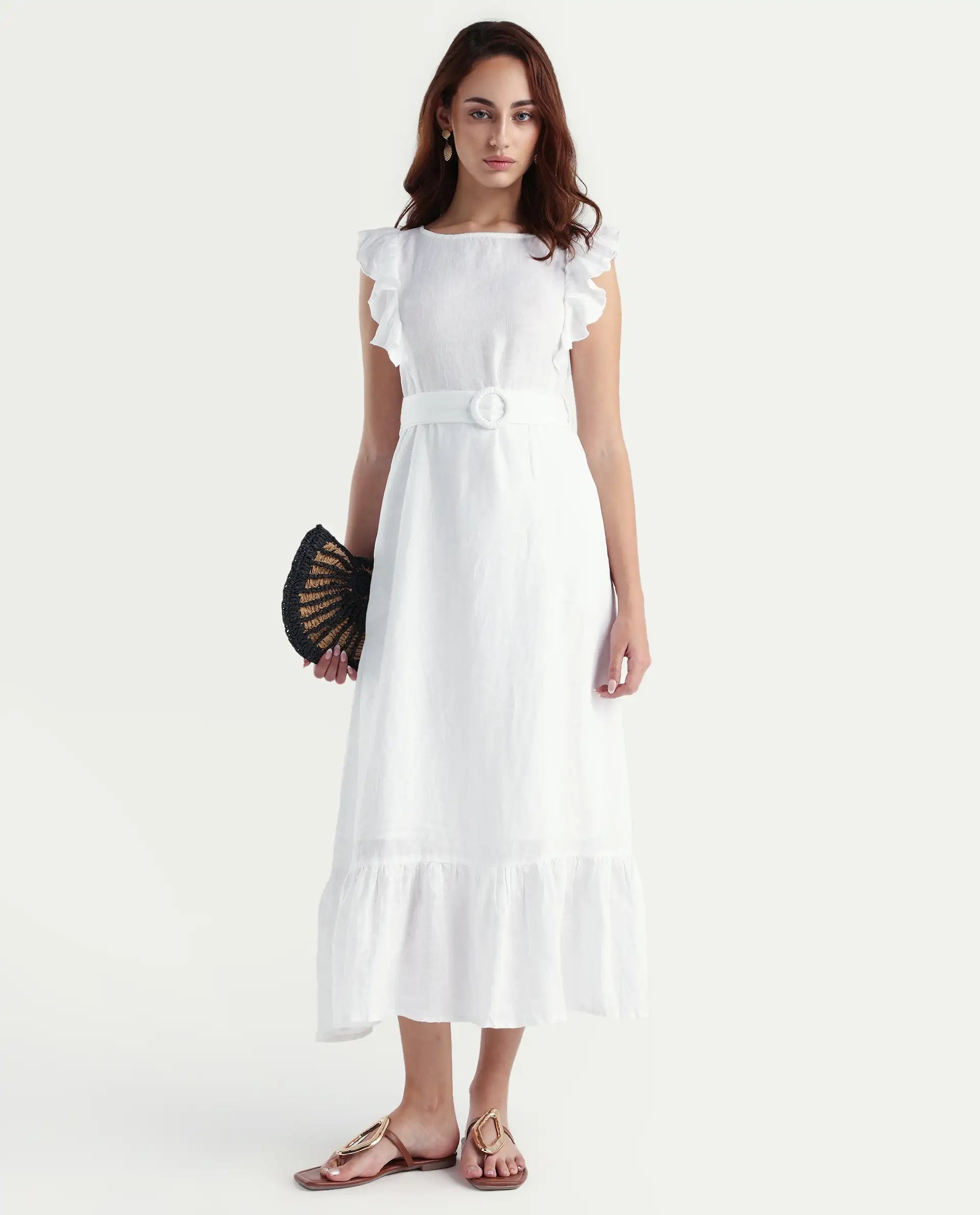 Rareism Women's Anne White Linen Boat Neck Plain Ruffled Sleeve Maxi Regular Fit Dress