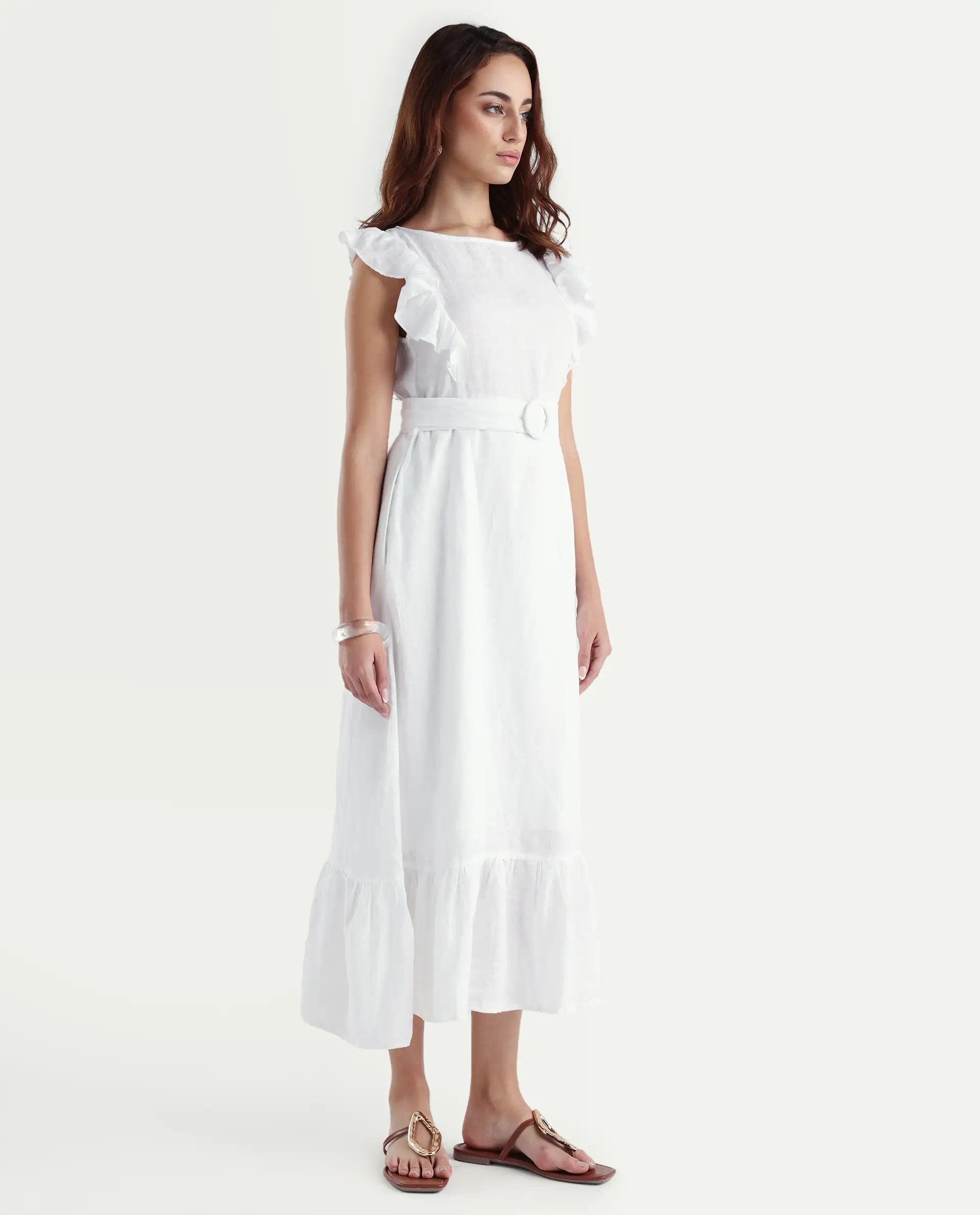 Rareism Women's Anne White Linen Boat Neck Plain Ruffled Sleeve Maxi Regular Fit Dress