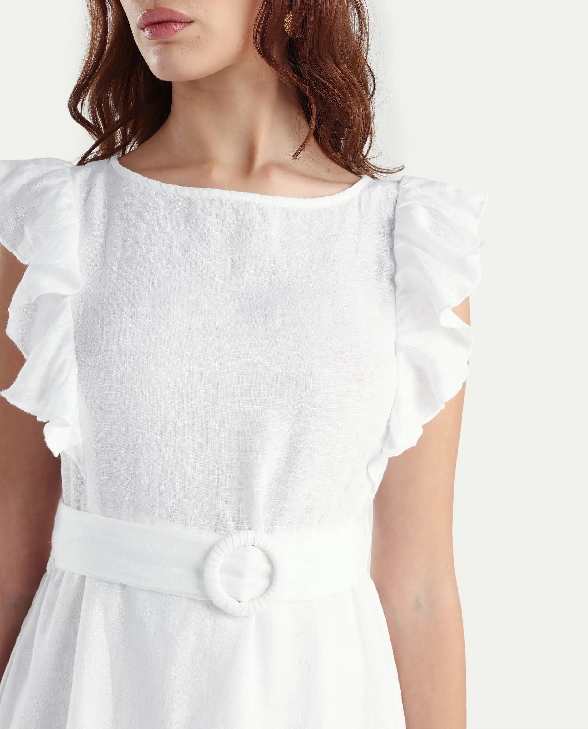 Rareism Women's Anne White Linen Boat Neck Plain Ruffled Sleeve Maxi Regular Fit Dress