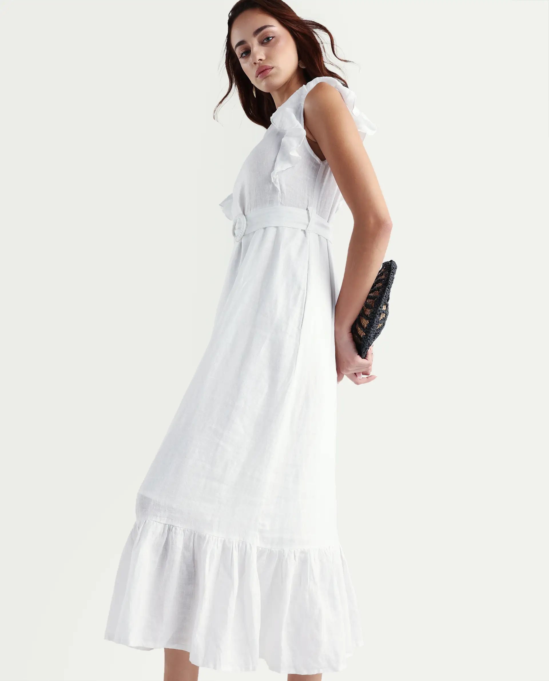 Rareism Women's Anne White Linen Boat Neck Plain Ruffled Sleeve Maxi Regular Fit Dress