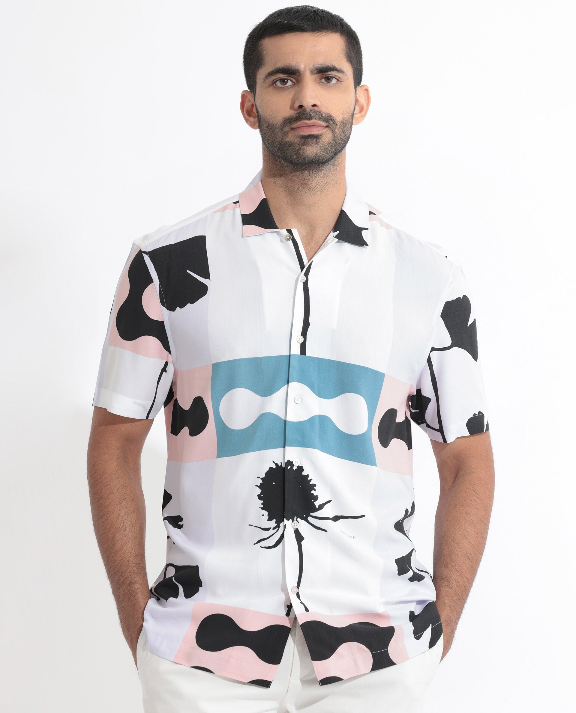 Rare Rabbit Men's Ansel Multi Viscose Fabric Abstract Print Half Sleeves Shirt