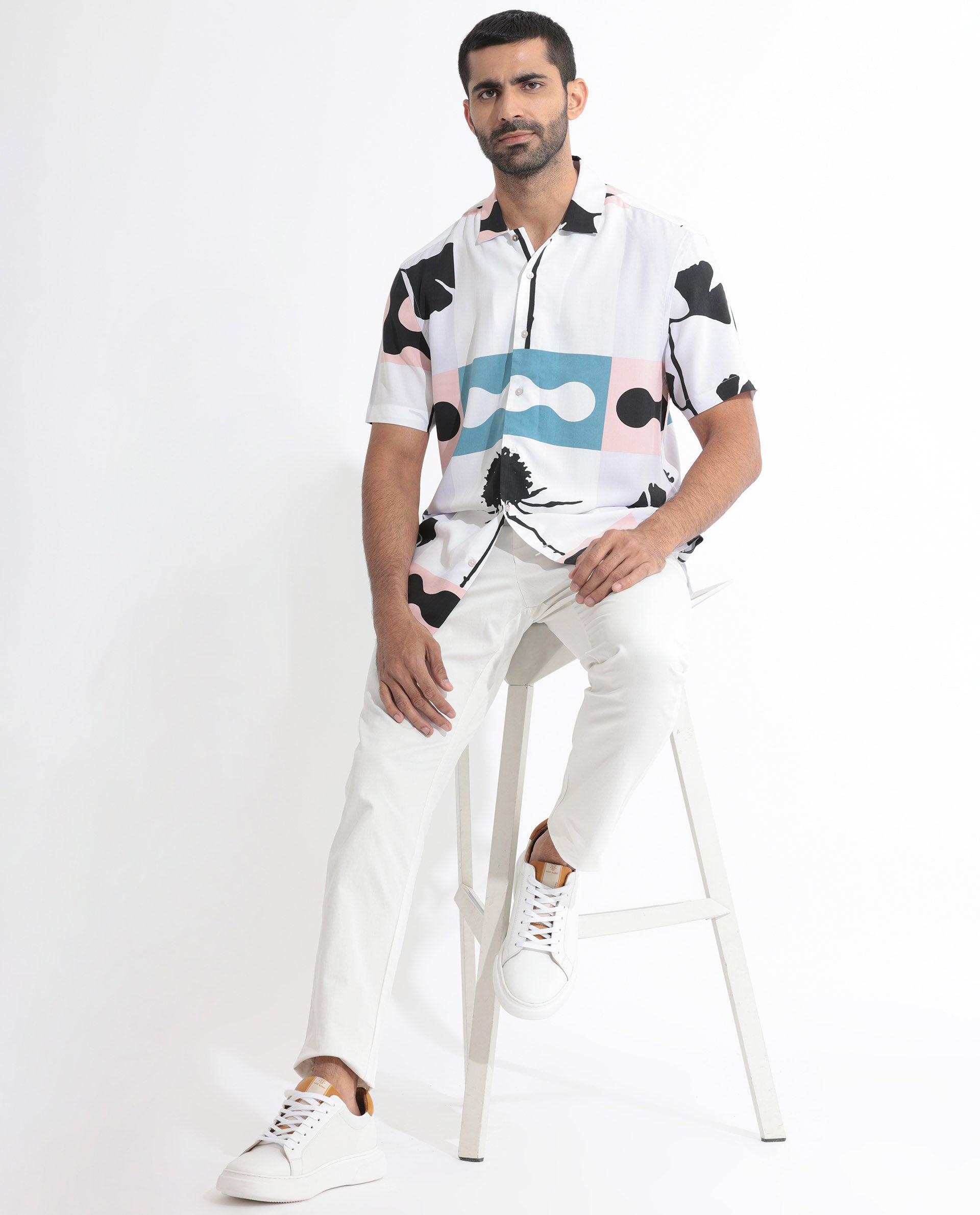 Rare Rabbit Men's Ansel Multi Viscose Fabric Abstract Print Half Sleeves Shirt