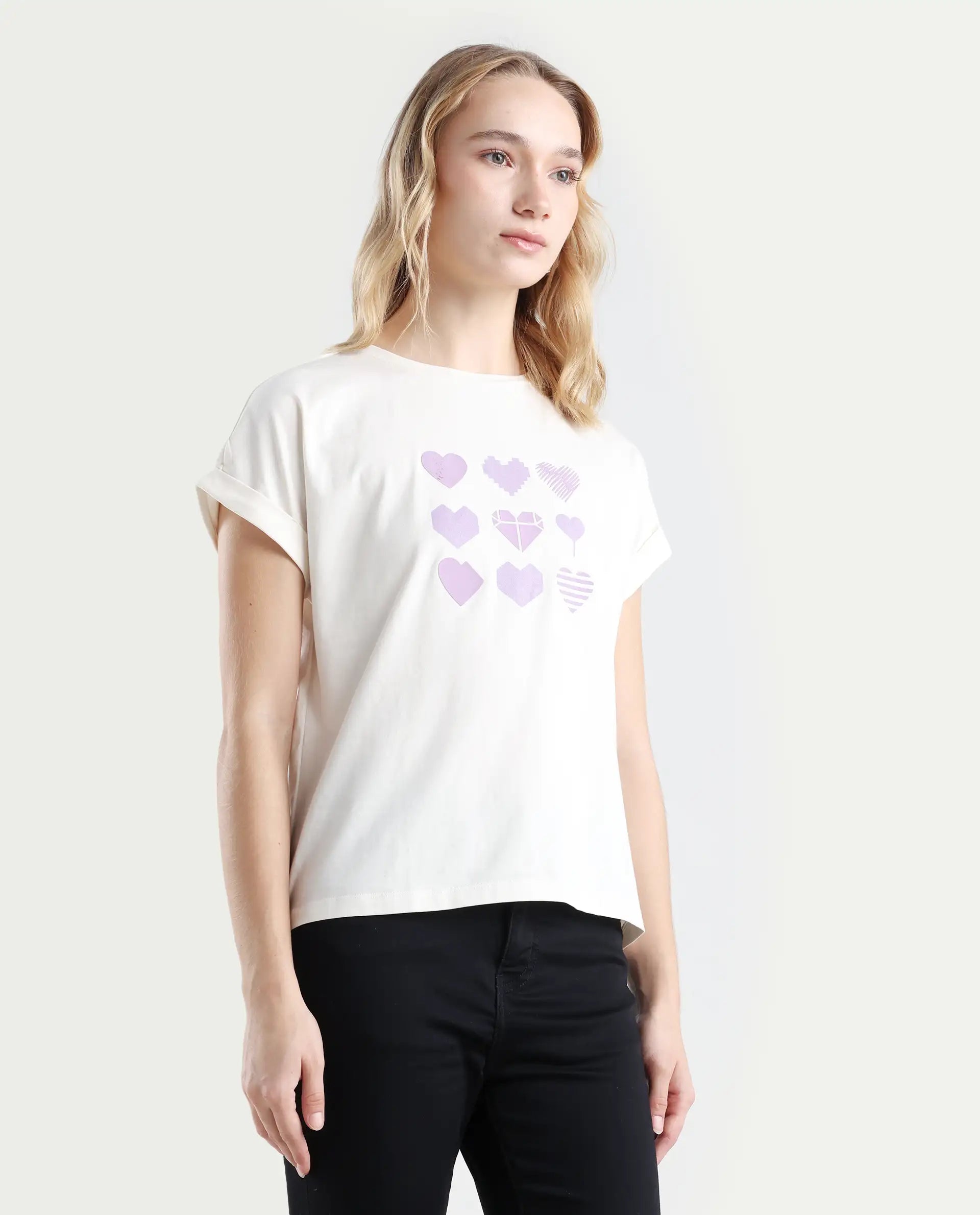 Rareism Women's Antilot Off White Cotton Blend Crew Neck Graphic Print Extended Sleeves Regular Fit T-Shirt