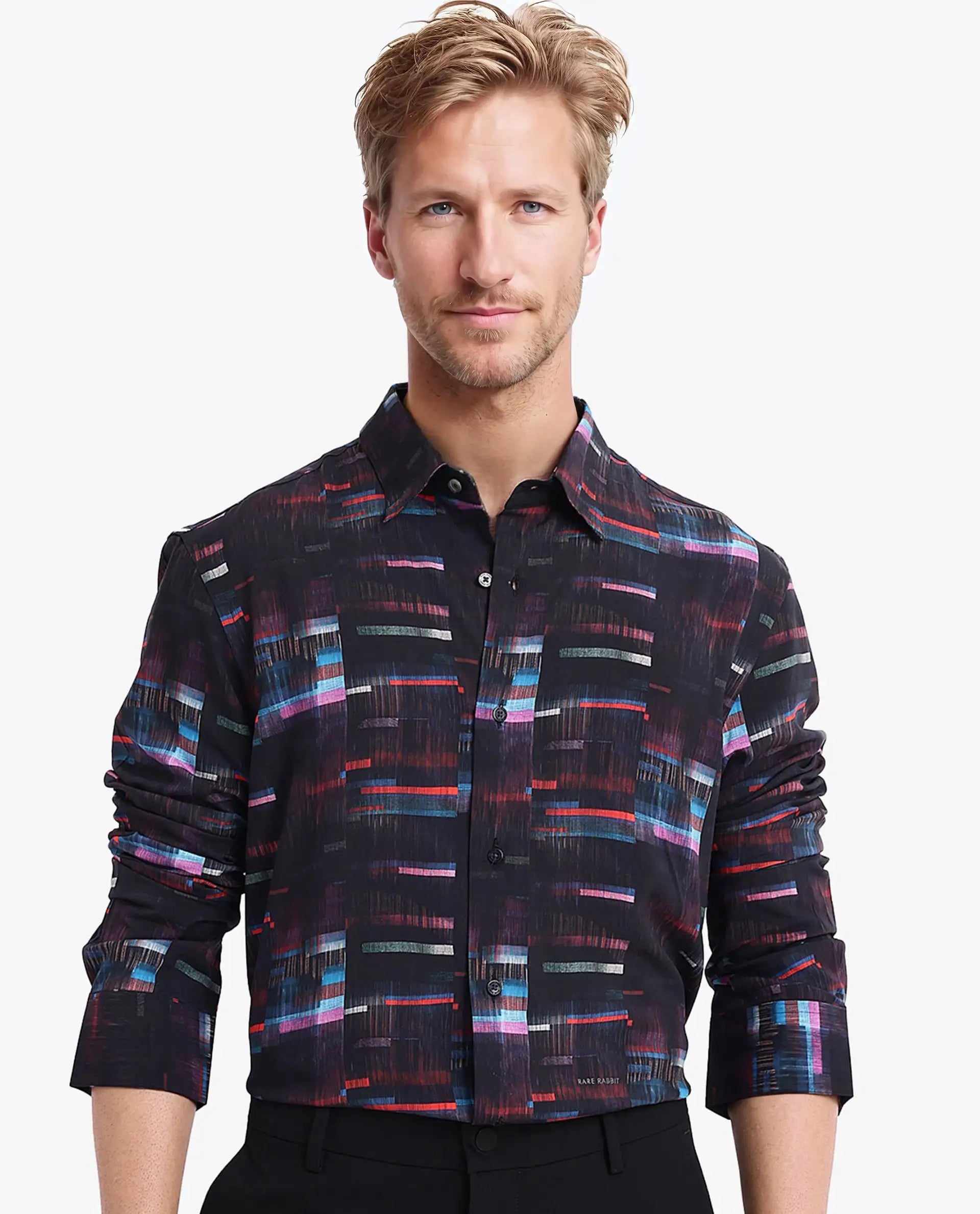Rare Rabbit Men Apon Black Viscose Fabric Full Sleeve Regular Fit Abstract Print Shirt