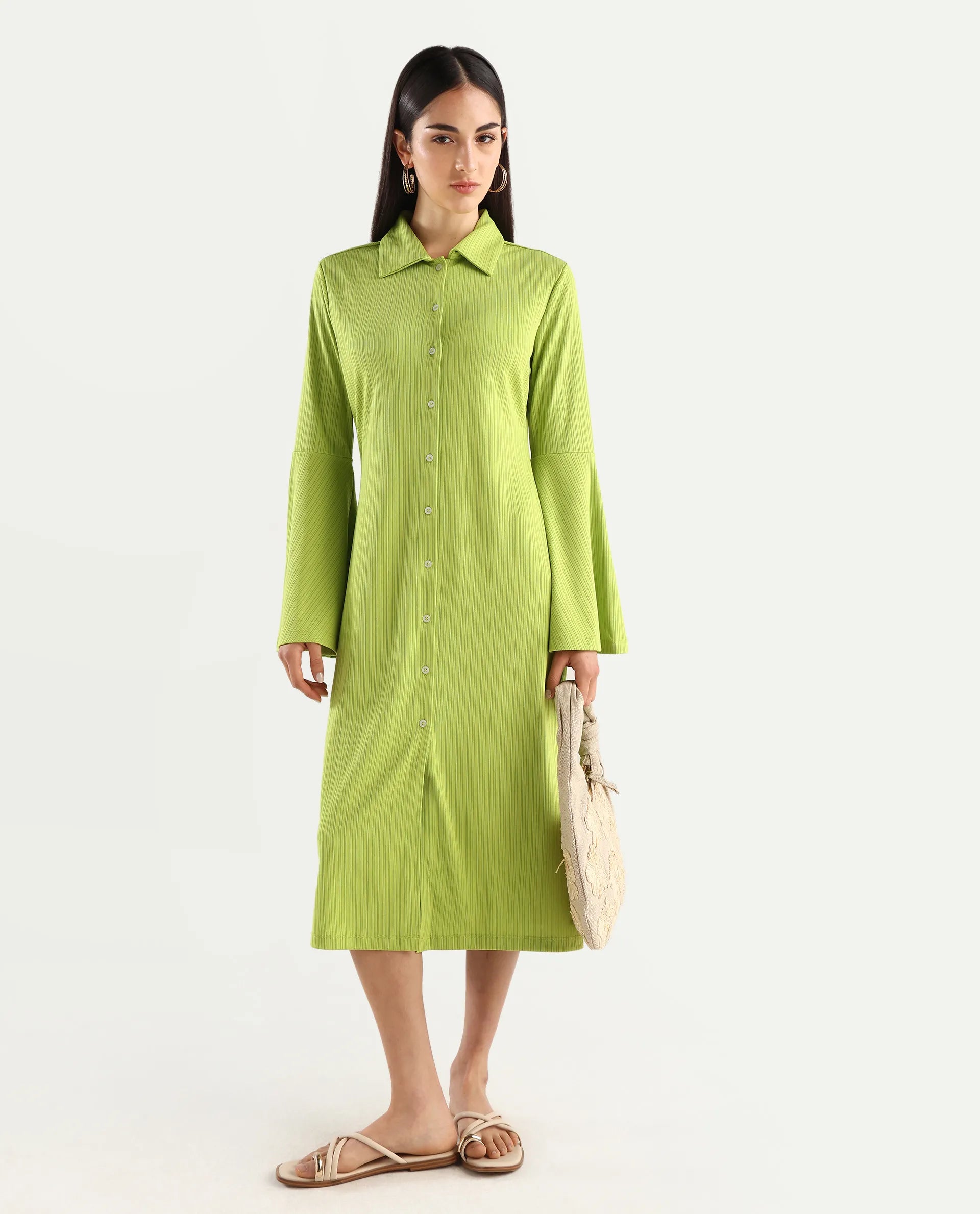 Rareism Women's Aqua Flouroscent Green Polyester Spread Collar Plain Bell Sleeve Knee Length Regular Fit Dress