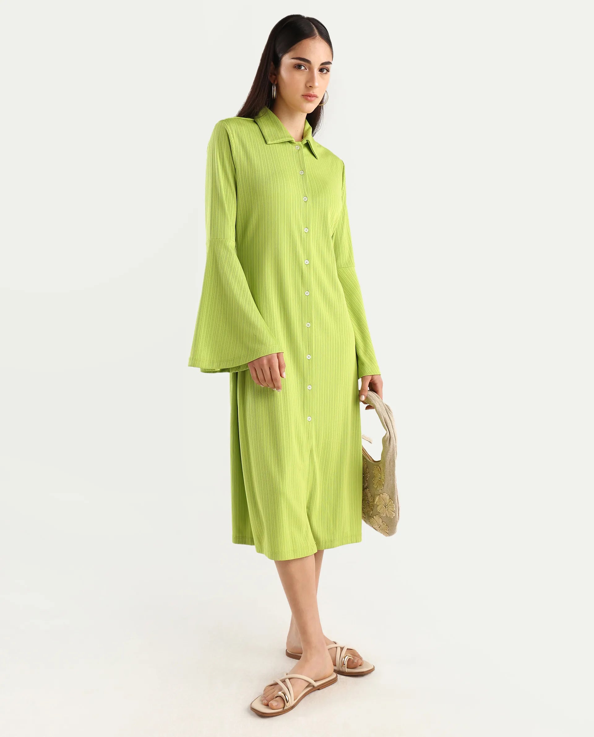 Rareism Women's Aqua Flouroscent Green Polyester Spread Collar Plain Bell Sleeve Knee Length Regular Fit Dress