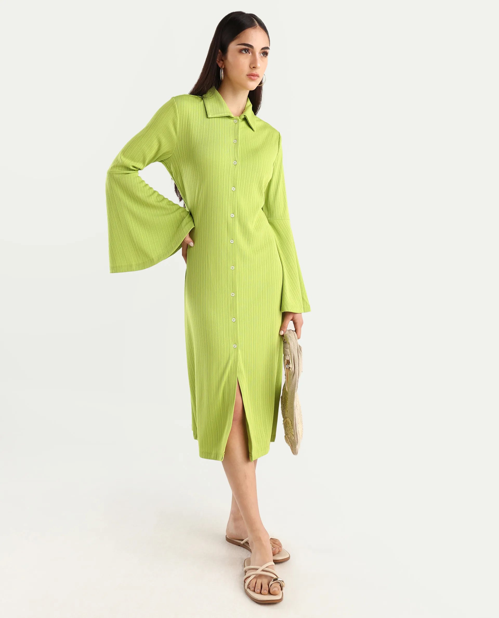 Rareism Women's Aqua Flouroscent Green Polyester Spread Collar Plain Bell Sleeve Knee Length Regular Fit Dress