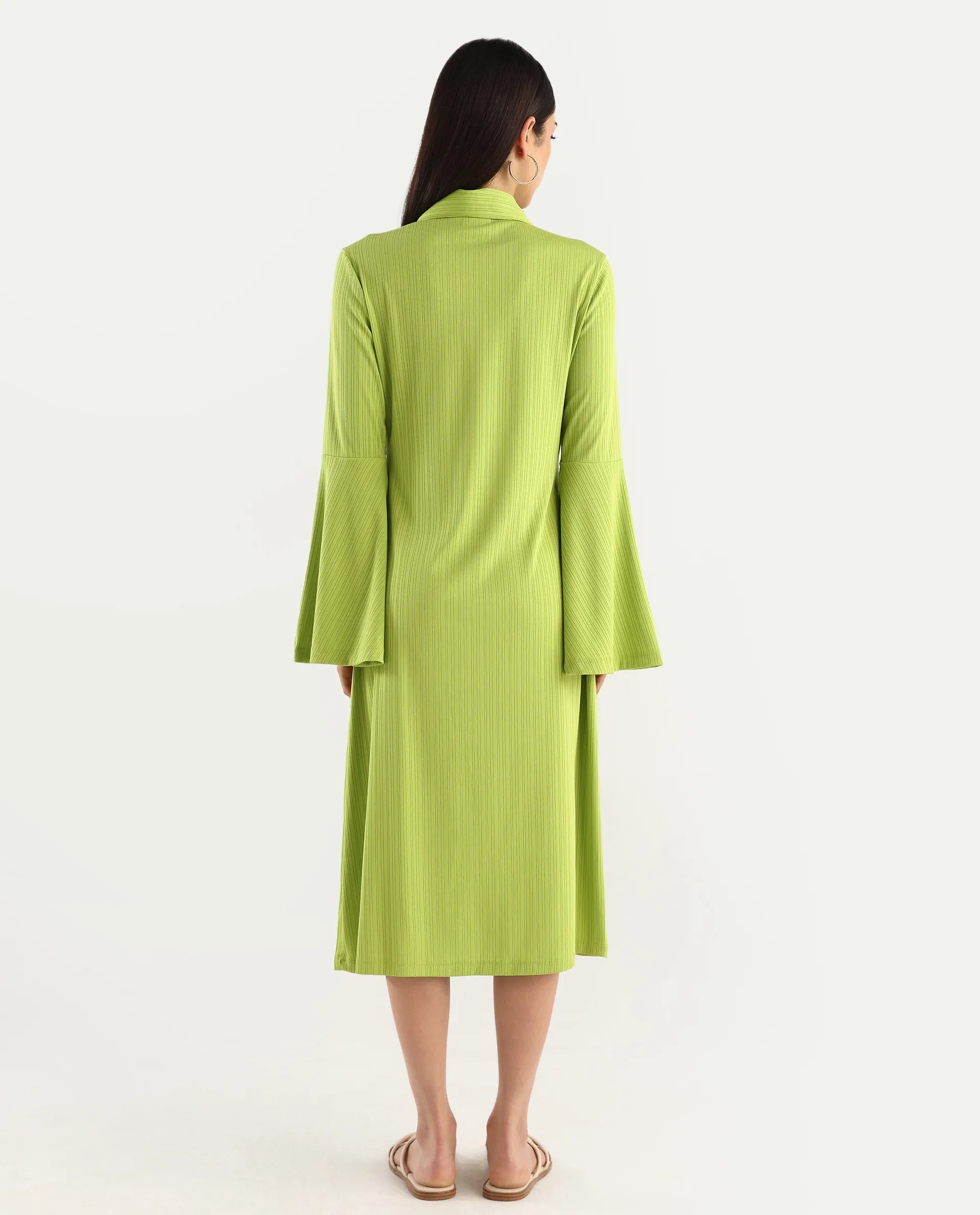 Rareism Women's Aqua Flouroscent Green Polyester Spread Collar Plain Bell Sleeve Knee Length Regular Fit Dress