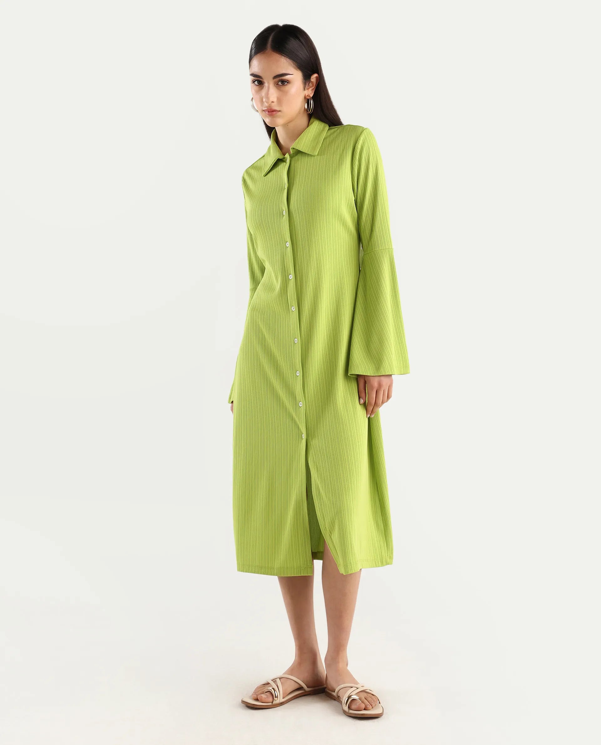 Rareism Women's Aqua Flouroscent Green Polyester Spread Collar Plain Bell Sleeve Knee Length Regular Fit Dress