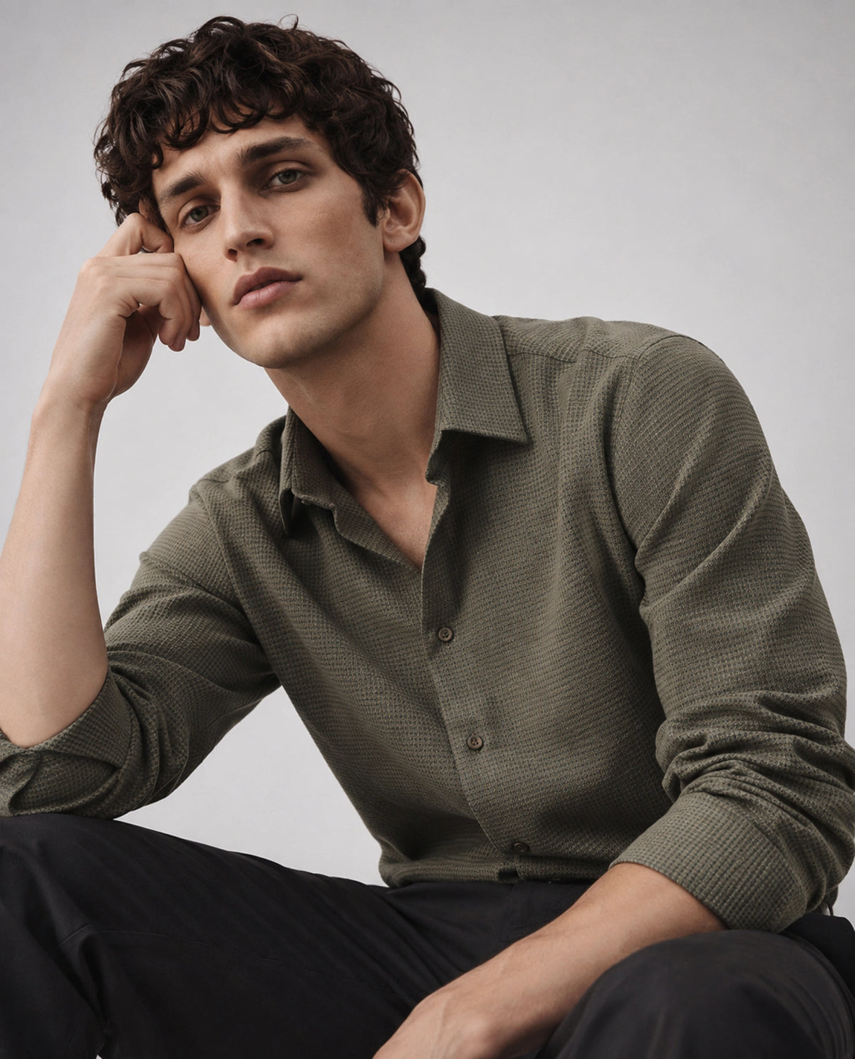 Rare Rabbit Men's Aran Green Cotton Spread Collar Regular Fit Jacquard Shirt