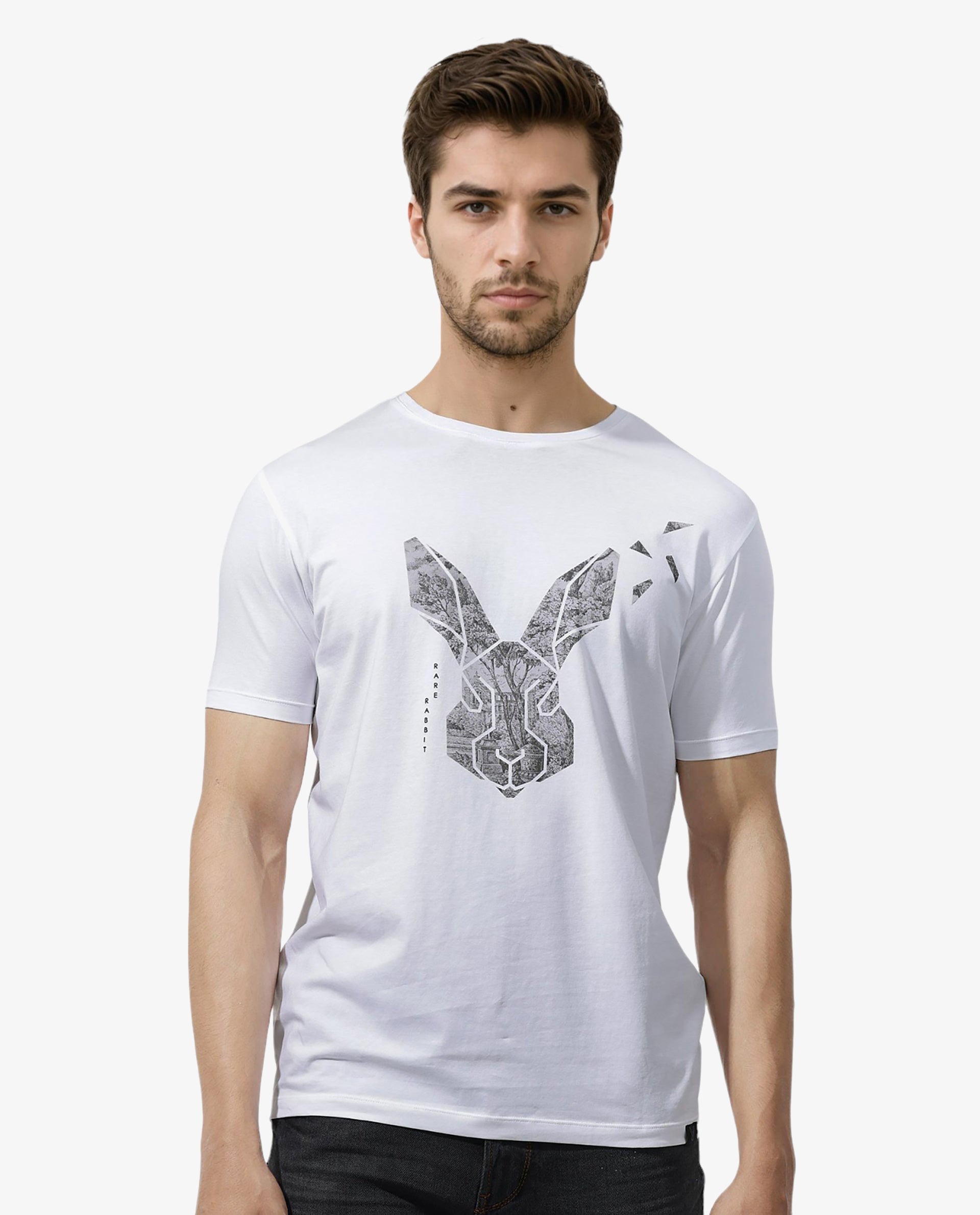 Rare Rabbit Men's Arbor White Cotton Blend Graphic Print Regular Fit Half Sleeve Crew Neck T-Shirt