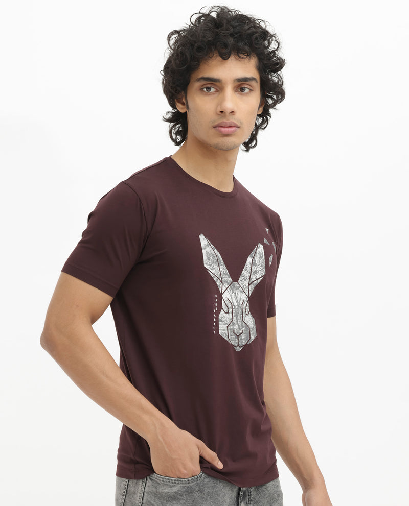Rare Rabbit Men's Arbor Maroon Cotton Lycra Fabric Half Sleeves Graphic Logo Print T-Shirt