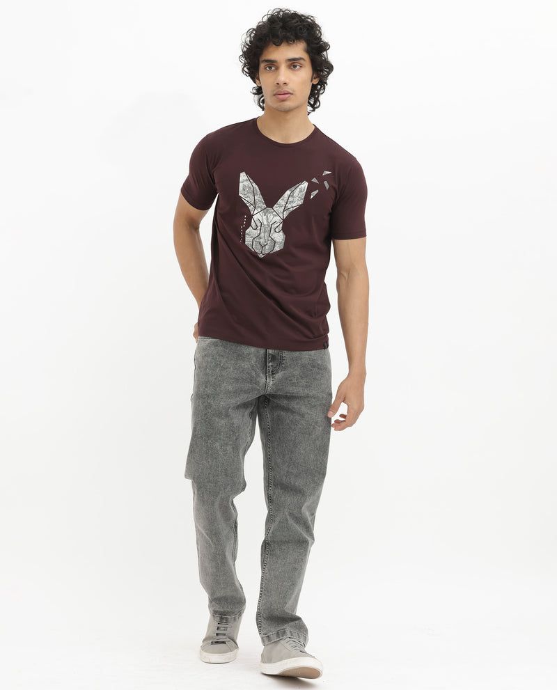Rare Rabbit Men's Arbor Maroon Cotton Lycra Fabric Half Sleeves Graphic Logo Print T-Shirt