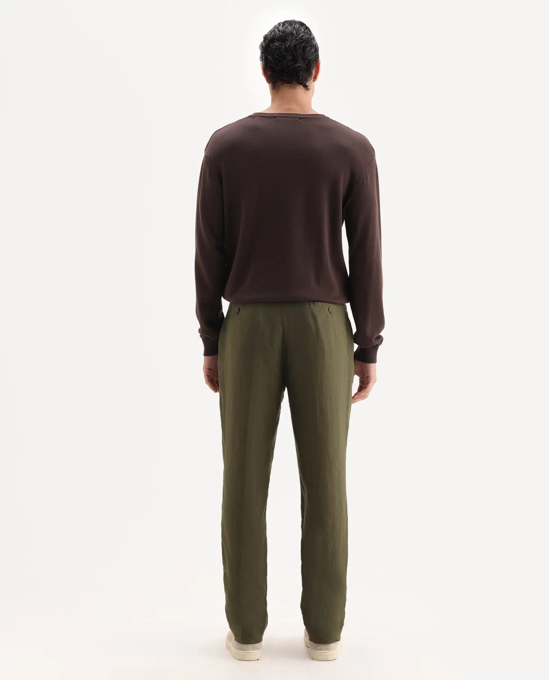 Rare Rabbit Men's Arcelo Olive 100% Linen Plain Regular Fit Trouser