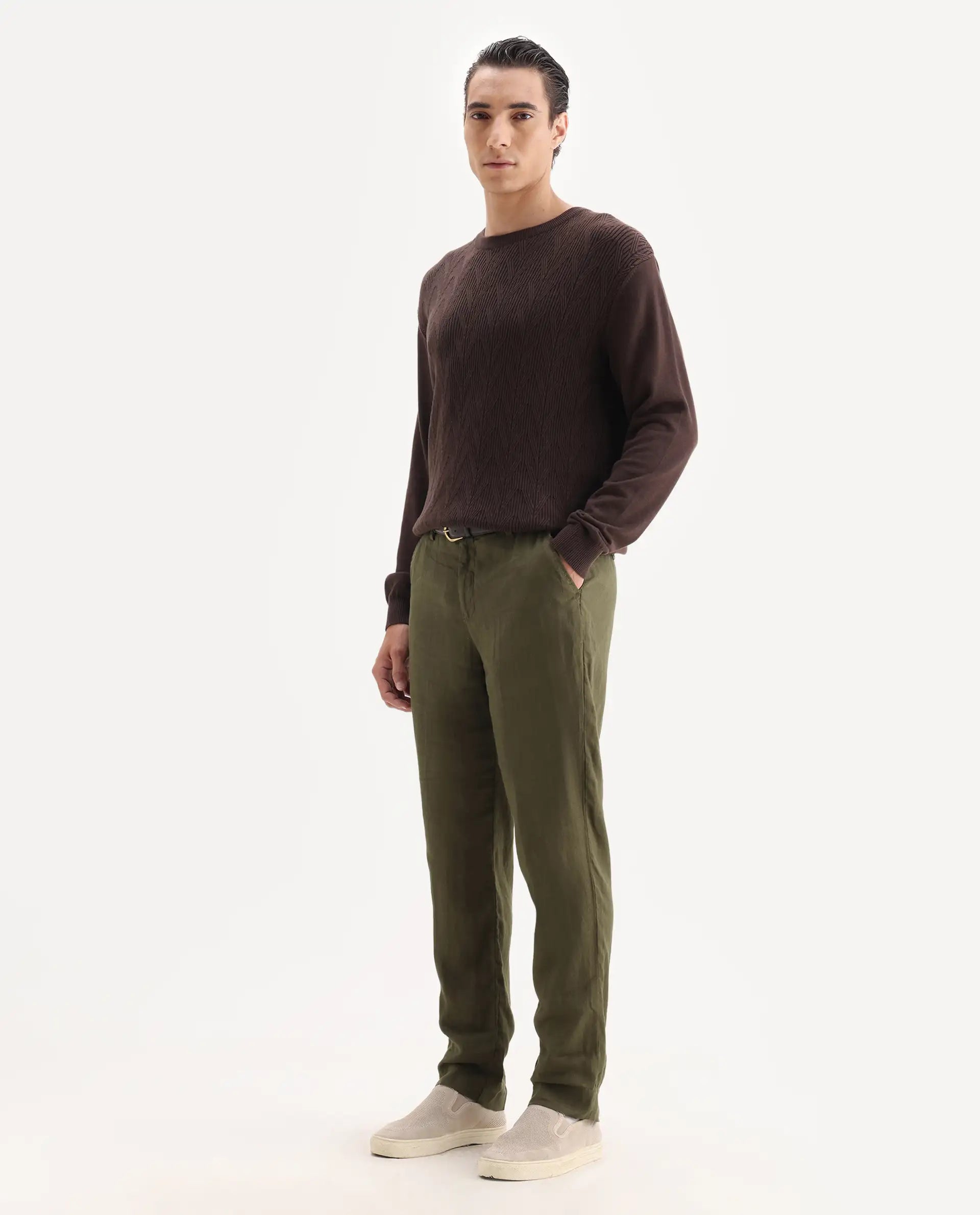 Rare Rabbit Men's Arcelo Olive 100% Linen Plain Regular Fit Trouser