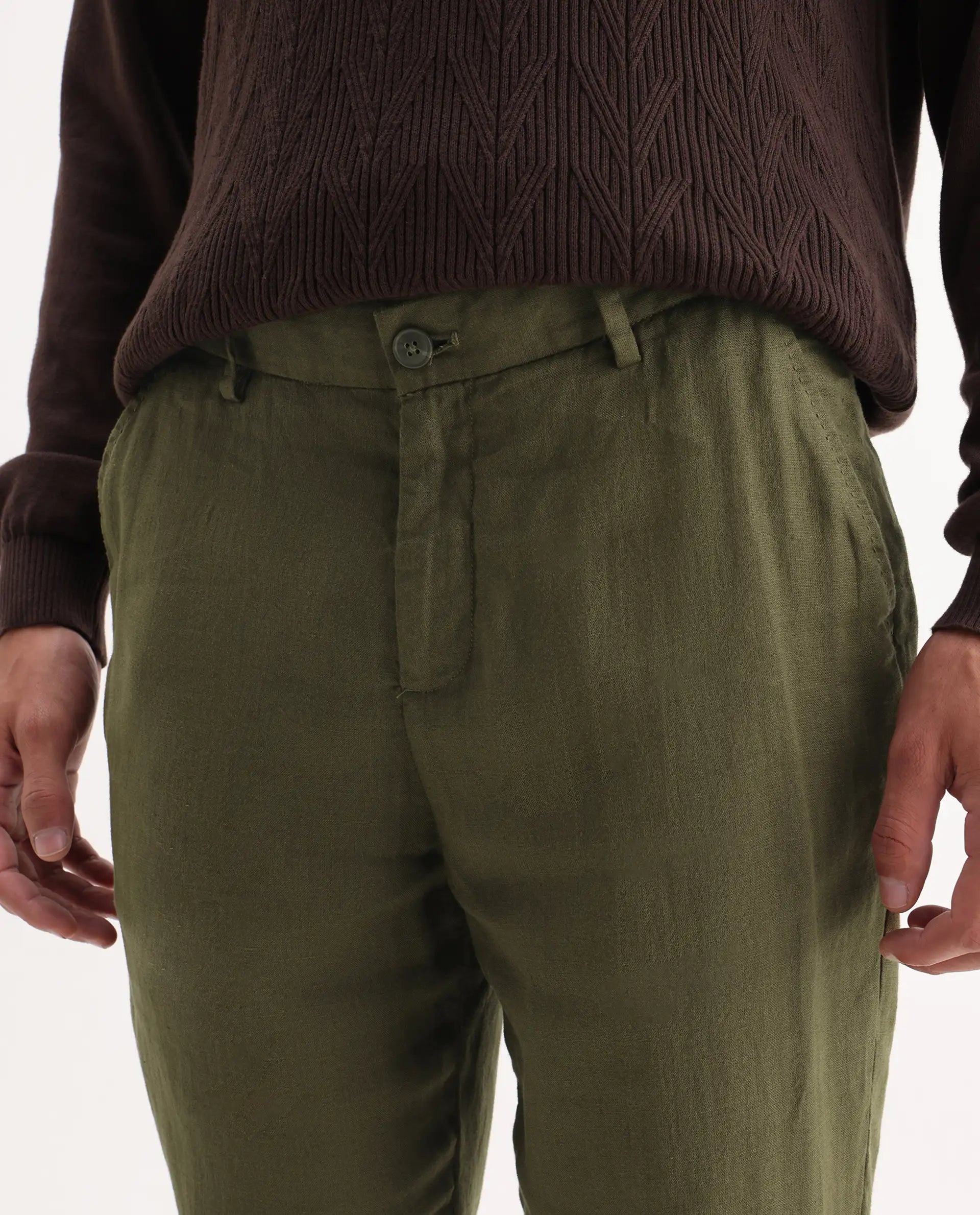 Rare Rabbit Men's Arcelo Olive 100% Linen Plain Regular Fit Trouser