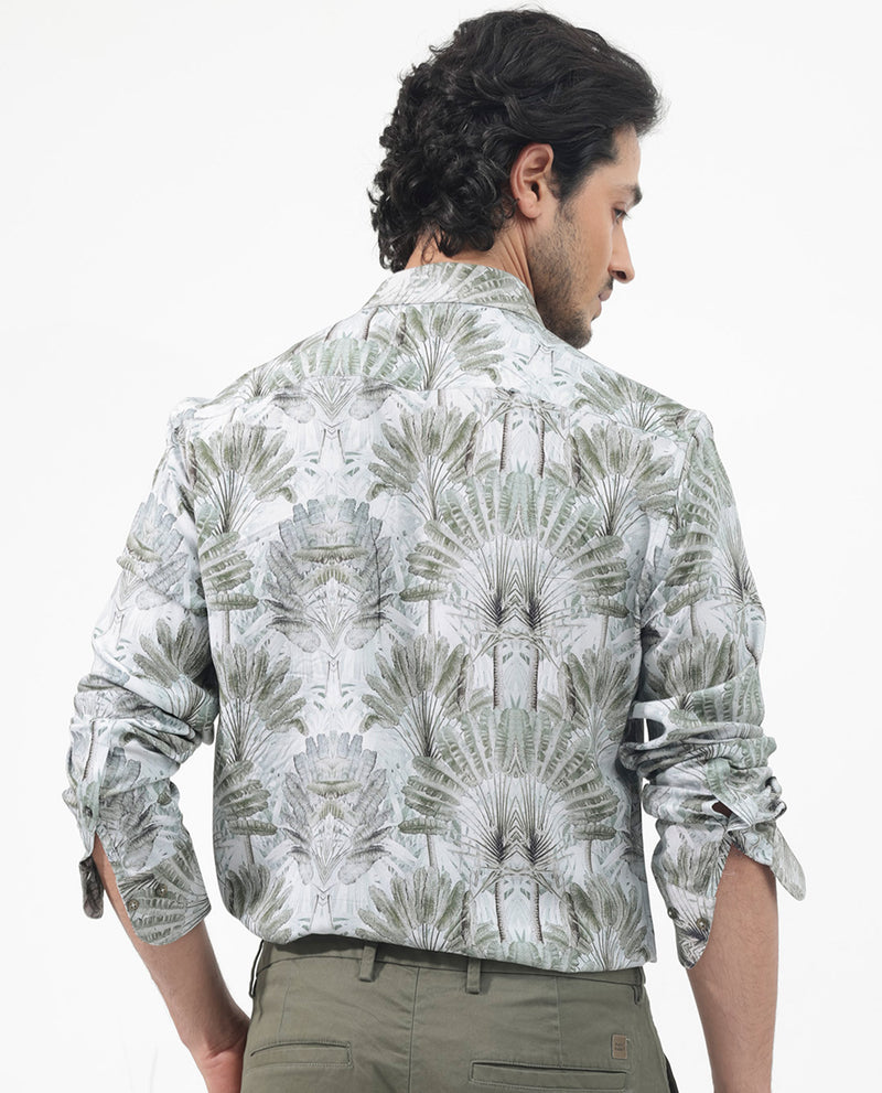Rare Rabbit Mens Areca Light Green Viscose Fabric Full Sleeves Tropical Print Shirt